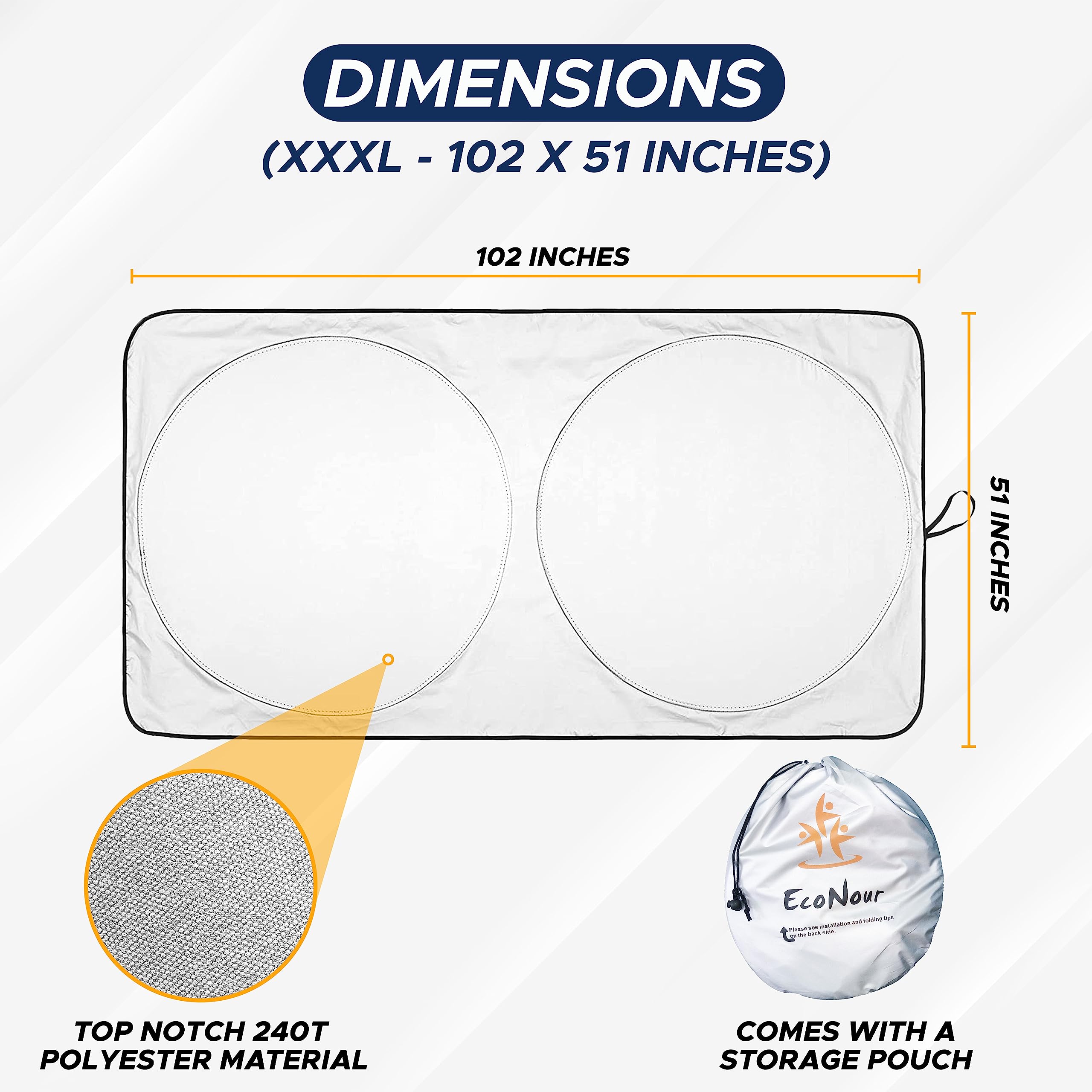 EcoNour RV Windshield Sunshade - Reflective UV & Heat Protection Cover, XXXL 102x51 inches, Grey Polyester for RVs, Trucks, Buses