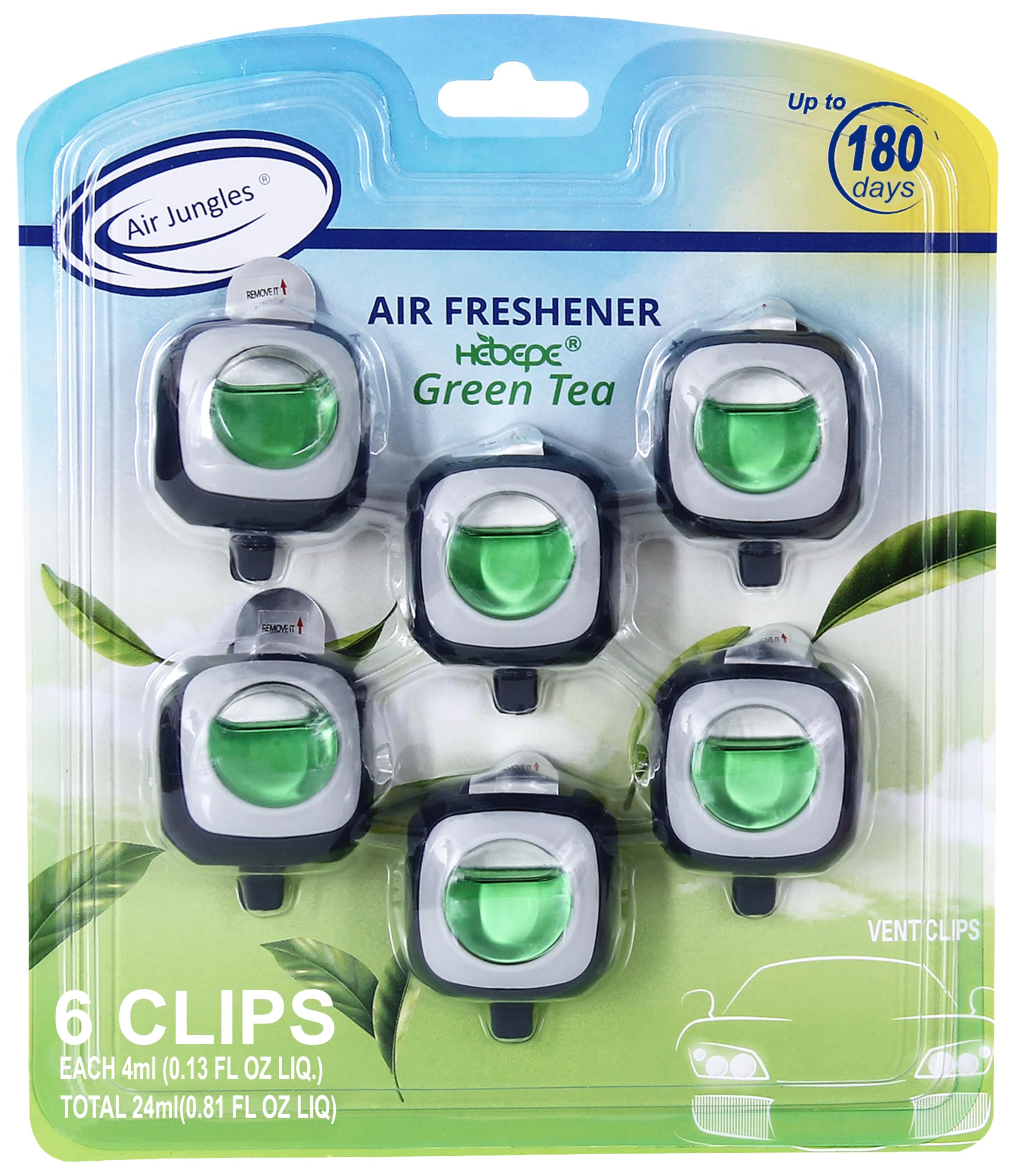 Air Jungles Green Tea Scent Car Air Freshener Clip, 6 Vent Clips, 4Ml Each, Long Lasting Air Freshener, Up To 180 Days Car Refre