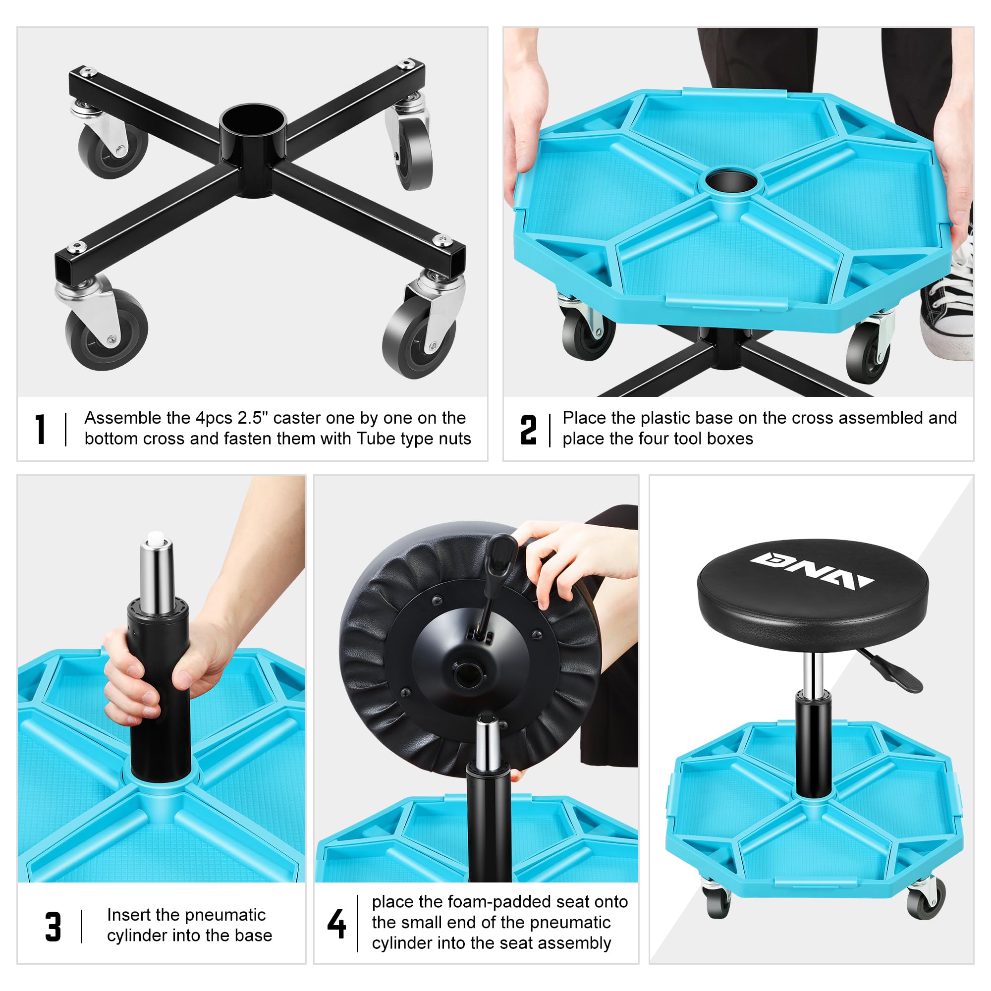 Dna Motoring Adjustable Height Pneumatic Garage Seat Rolling Mechanic Stool With Tool Tray Storage,300Lbs Max Weight Capacity, B