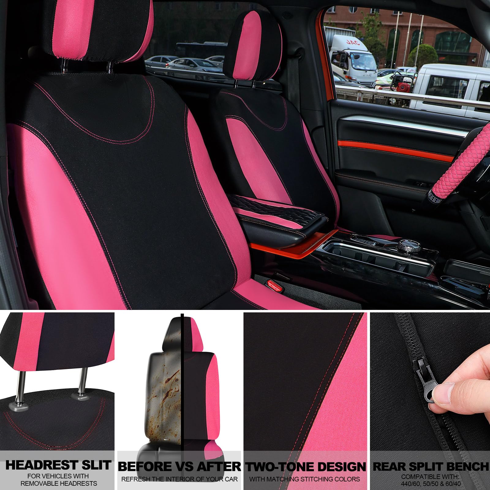 BBTO 43 Pcs Bling Car Accessories Set for Women Front Seats and Rear Bench Polyester Car Seat Protectors Wheel Cover Seat Floor