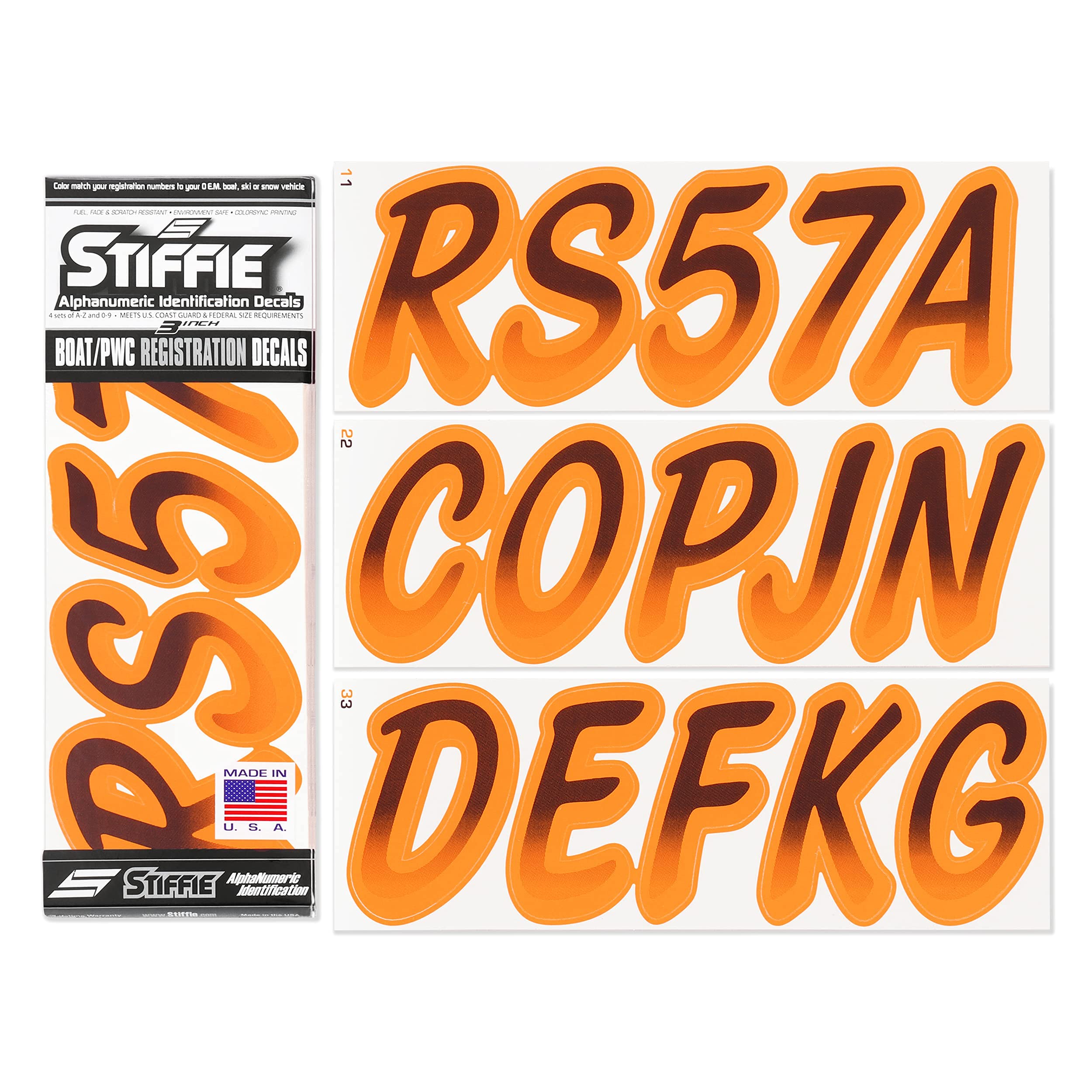 Stiffie Whipline Black/Orange Crush 3 '' Super Sticky Boat & Pwc Registration Decals  Numbers Letters Stickers