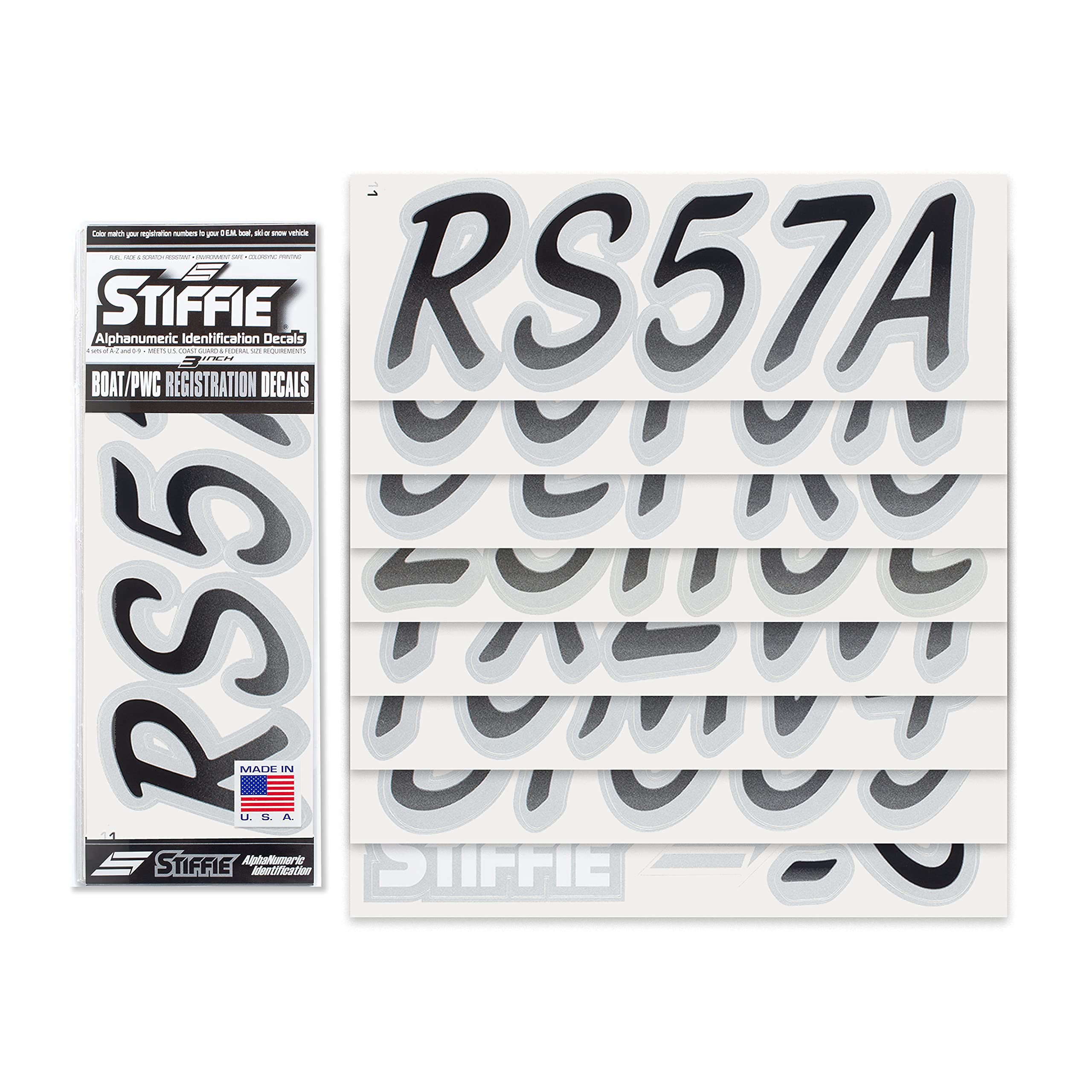 STIFFIE Whipline Black/Silver 3'' Boat & PWC Registration Decals  Numbers Letters Stickers