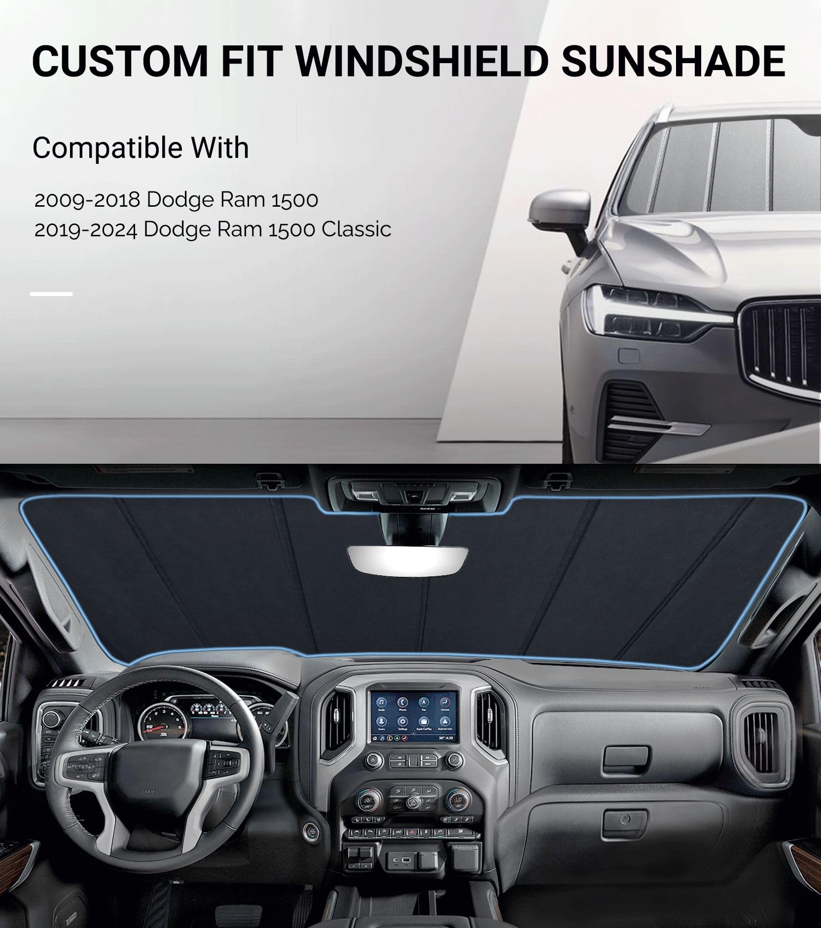 Pigenius Windshield Sunshade For Dodge Ram 1500 2009-2018, Ram 1500 Classic 2019-2024 Window Sun Shade - Safeguard