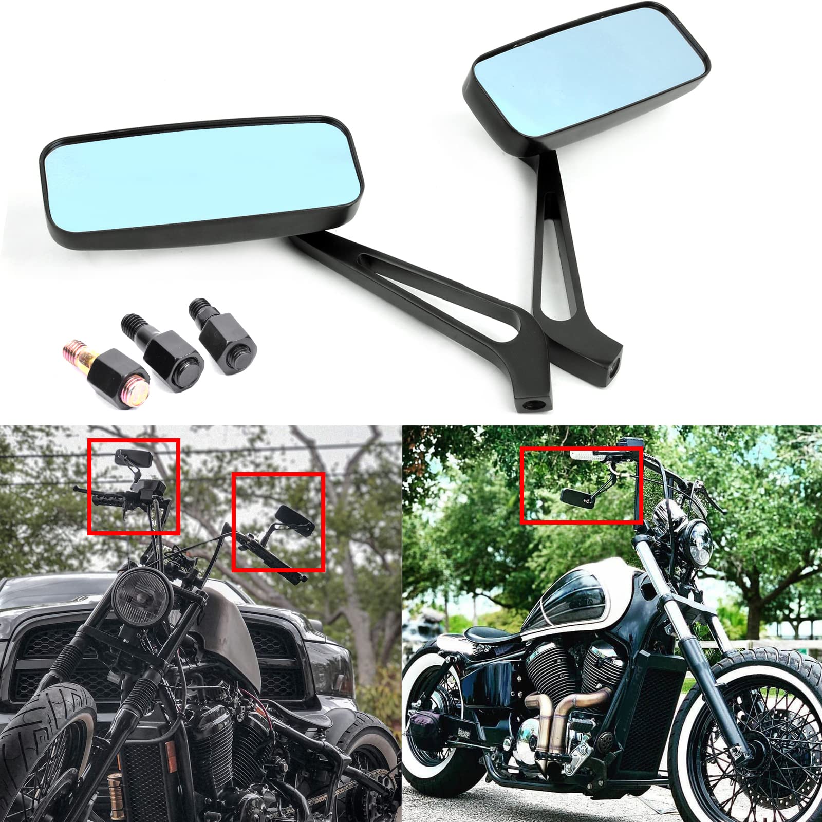 8Mm/10Mm Black Rectangle Motorcycle Rear View Side Mirrors Compatible With Kawasaki Suzuki Yamaha Cruiser Chopper
