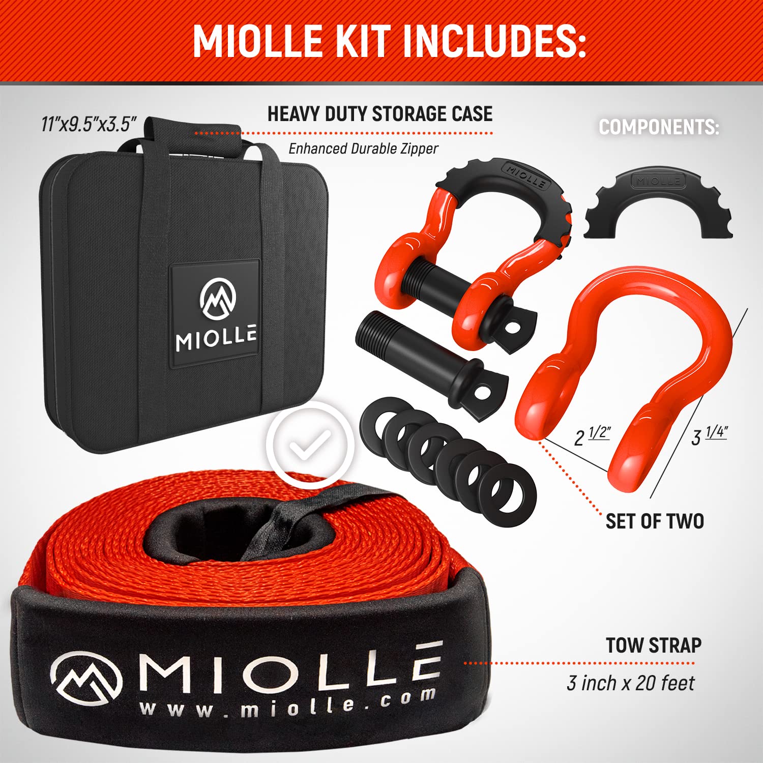 Miollegear Tow Strap 3   X20- 33400Lbs Mbs (Lab Tested) Recovery Strap Kit Includes: Tow Rope, 2 D-Ring Shackles Mbs-41800Lbs, S