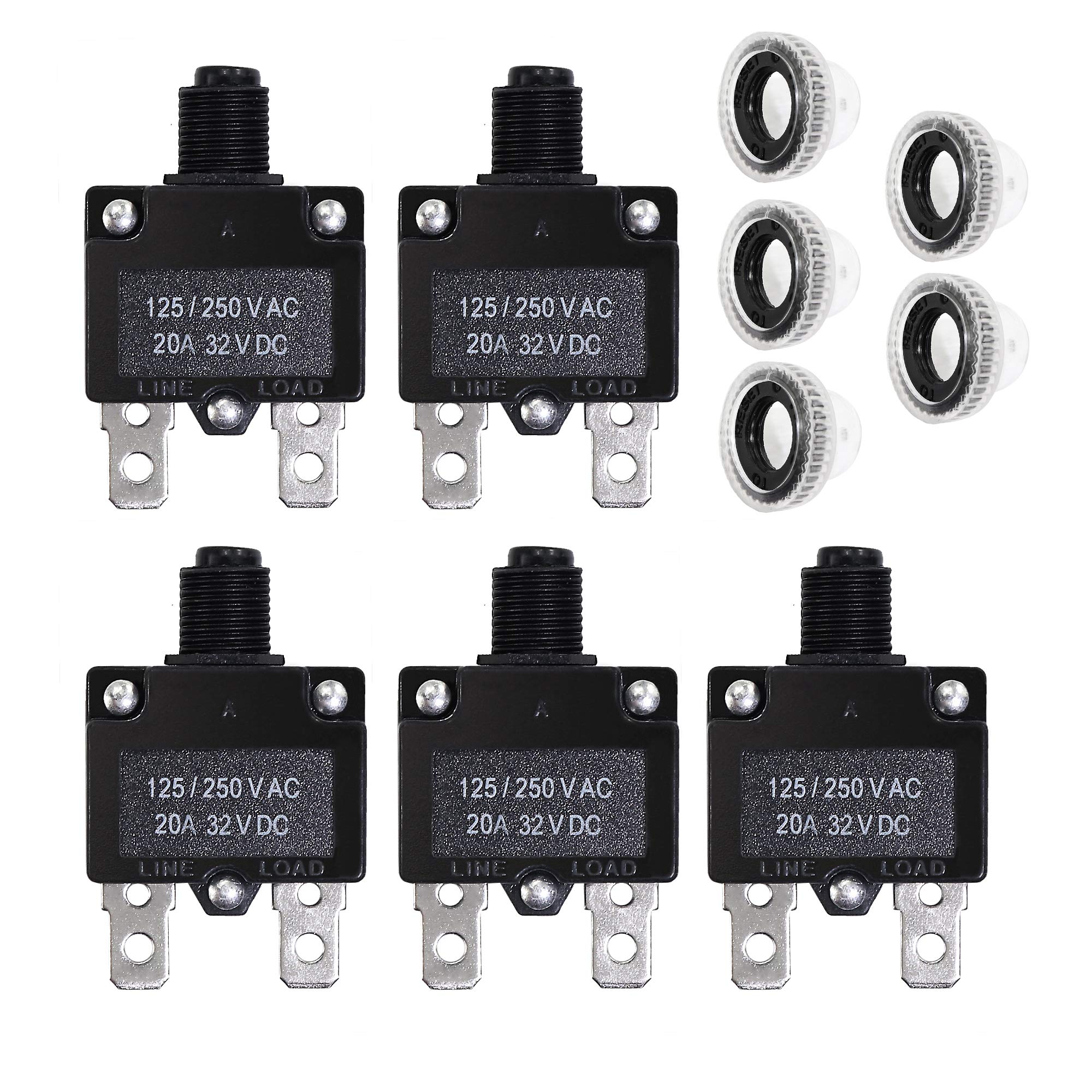 Fuzbaxy 5Pcs 20Amp Circuit Breakers With Push Button Reset With Quick Connect Terminals And Waterproof Button Cap