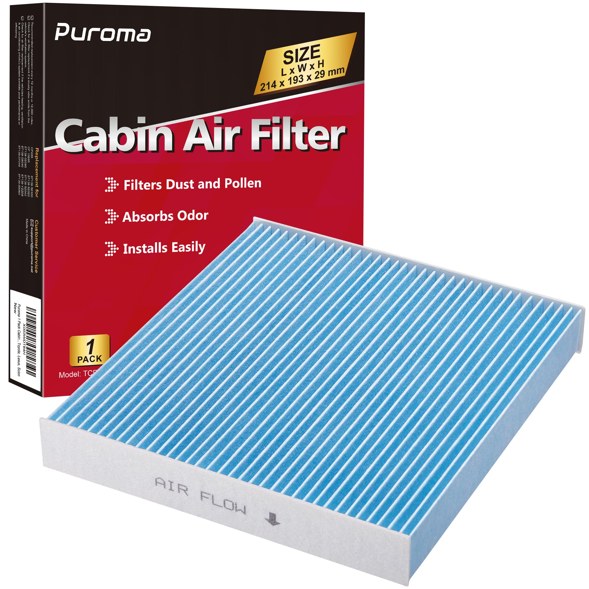 Puroma 1 Pack Cabin Air Filter With Blue Multiple Fiber Layers Replacement For Cp285, Cf10285, Toyota Avalon, Camry, Corolla, Pr
