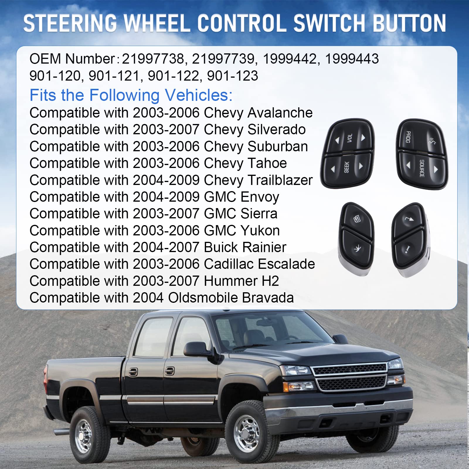 Dicmic Steering Wheel Control Switch Button For 2003-2007 Chevy Silverado Avalanche Suburban Tahoe Gmc Sierra Yukon Cadillac Escalade Replace# 21997738, 21997739, 1999442, 1999443