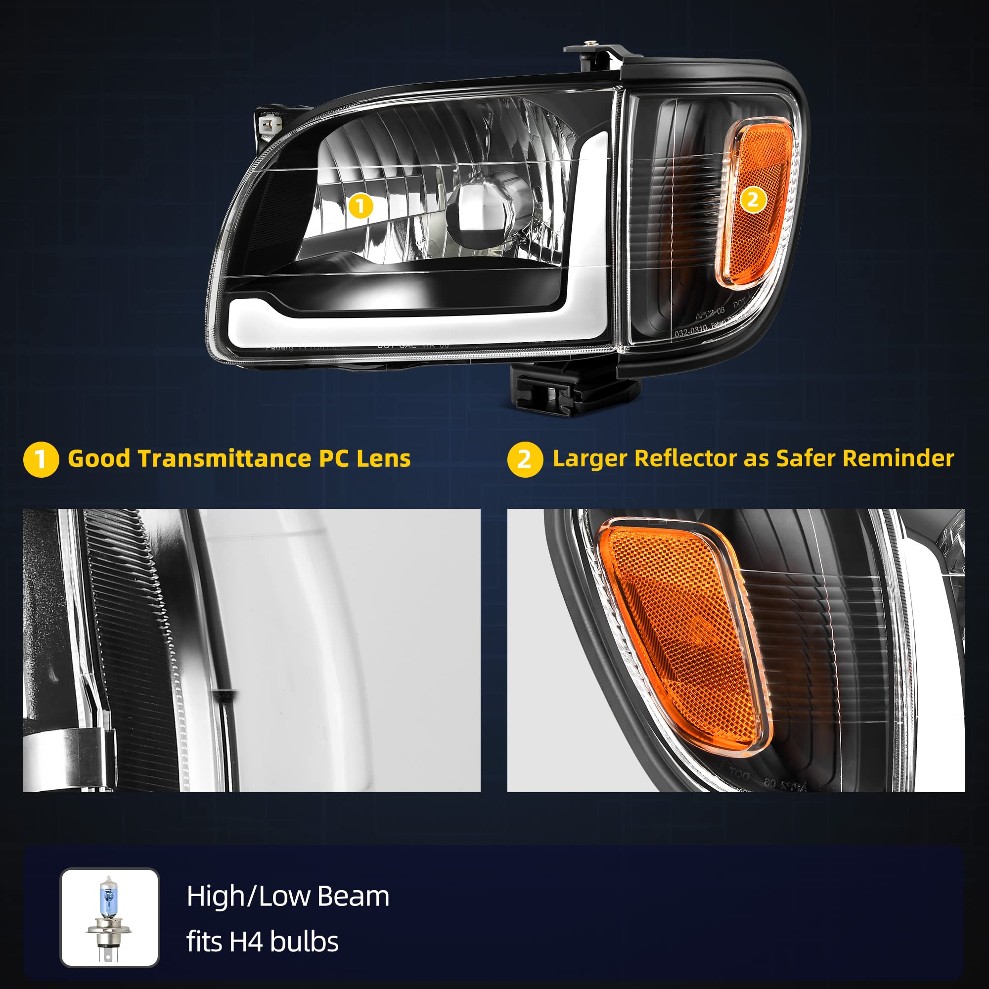 Dwvo Led Headlight Assembly Compatible With 2001-2004 01 02 03 04 Tacoma Pickup Truck Headlamps Replacement Headlights Black Hou