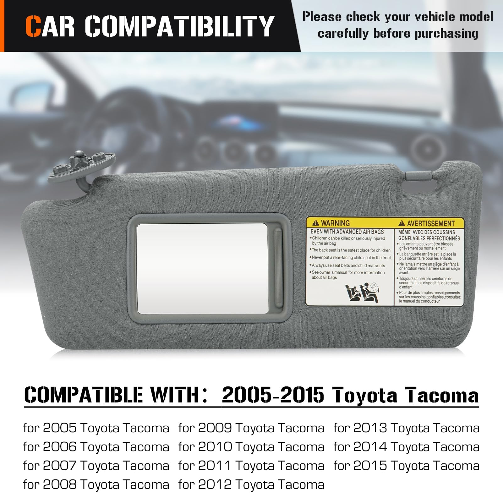 Sun Visor for 2005-2015 Toyota Tacoma Without Light, Left Driver Side Gray Sunvisor Replacement 74320-04181-E1