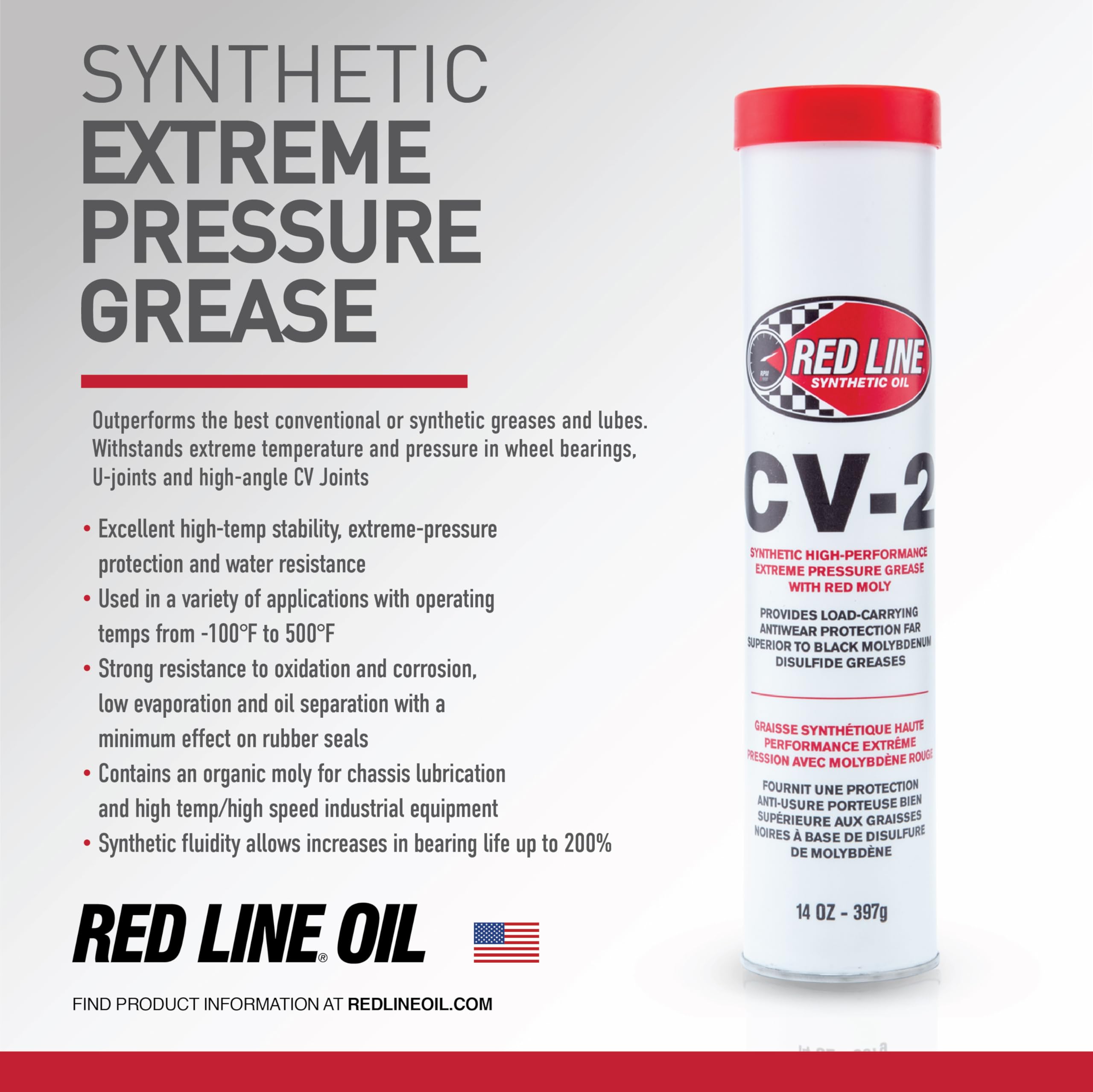 Red Line 80402 High Performance Cv-2 Synthetic Grease Cartridge With Red Moly - 14 Ounce Tube (4 Pack)