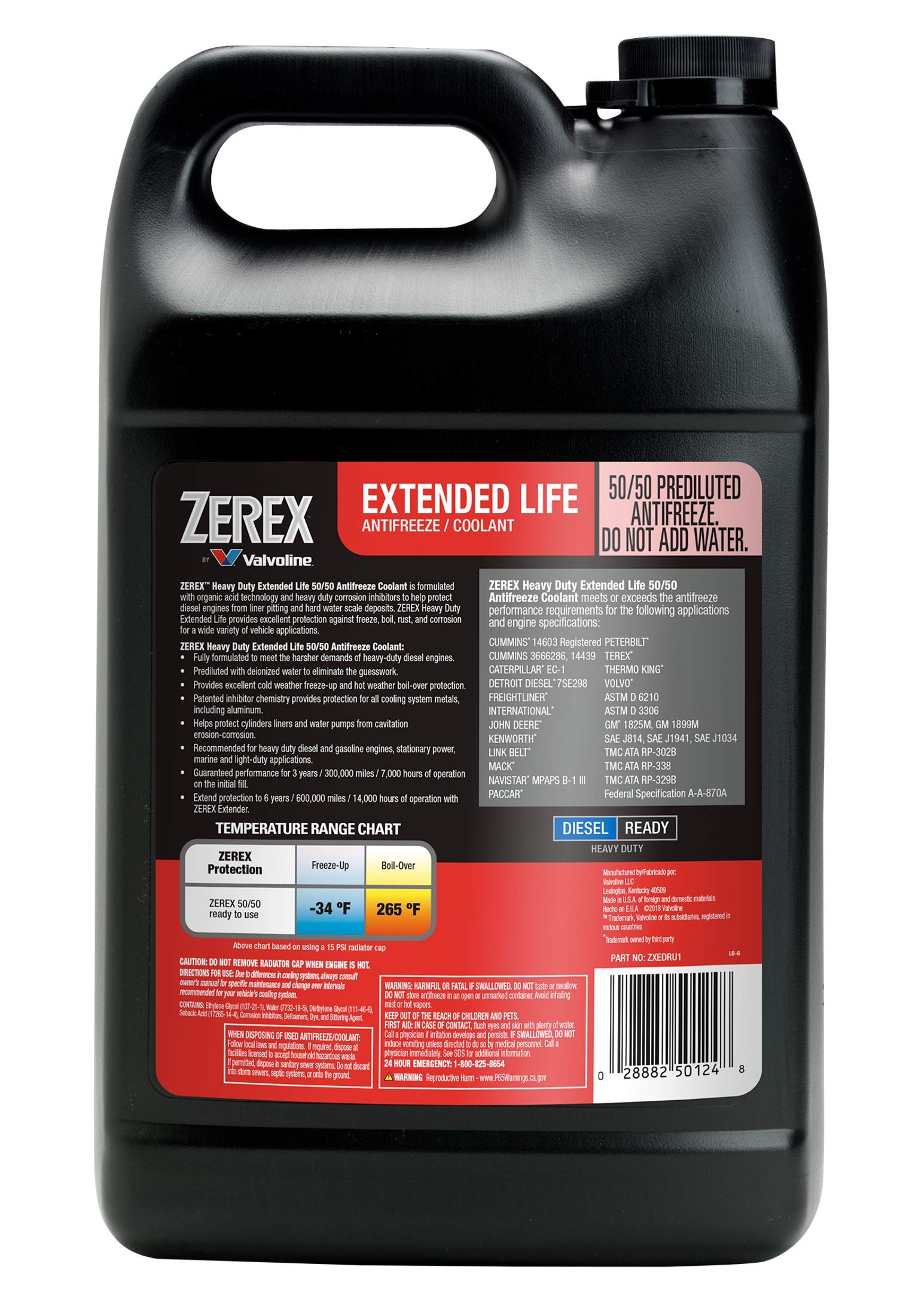 Zerex Heavy Duty Extended Life 50/50 Prediluted Ready-To-Use Antifreeze/Coolant 1 Ga, Case Of 6