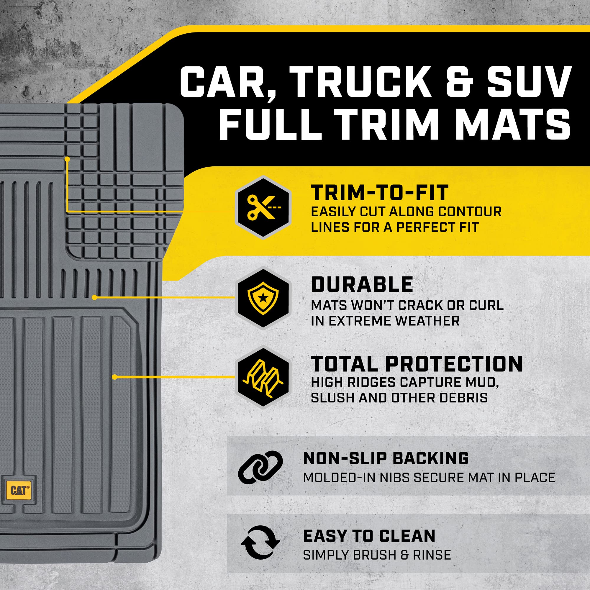 Cat ToughLiner Gray Car Floor Mats - Heavy Duty Trim to Fit Floor Mats for Trucks - All-Weather Truck Accessories & Odorless Rub