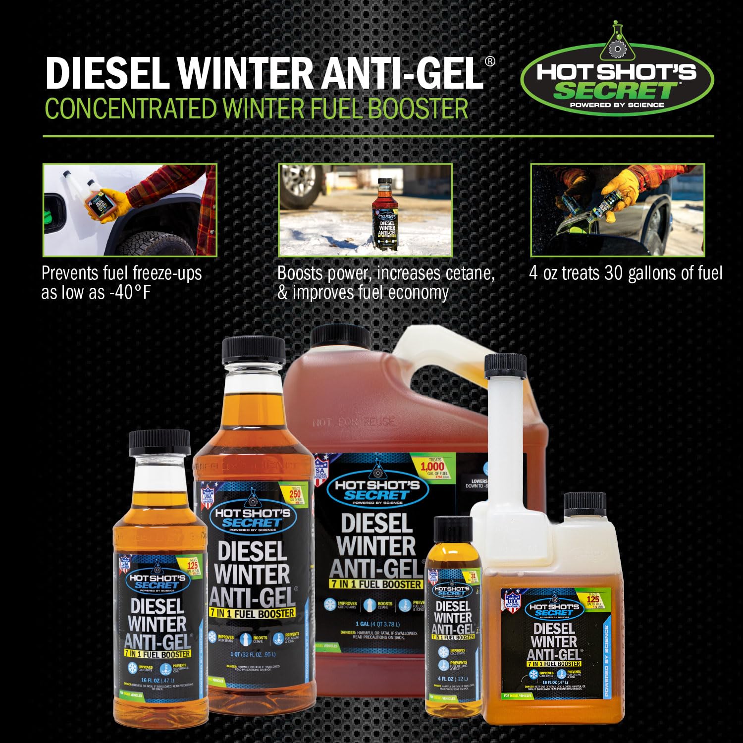 Hot Shot's Secret Diesel Winter Anti-Gel Fuel Treatment 16oz Squeeze 5 Pack, 7 in 1 Fuel Booster Winter Protection, Diesel Addit