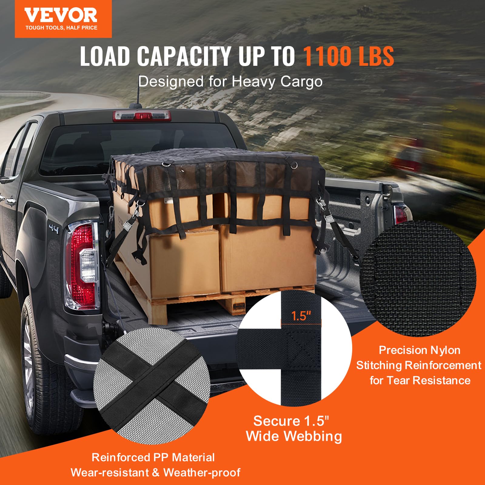 VEVOR Cargo Net with Mesh, 72 in x 57 in, Heavy Duty Truck Cargo Net-(WLL) 1,100lbs, 4 Adjustable Straps with Carabiners & S-Hoo