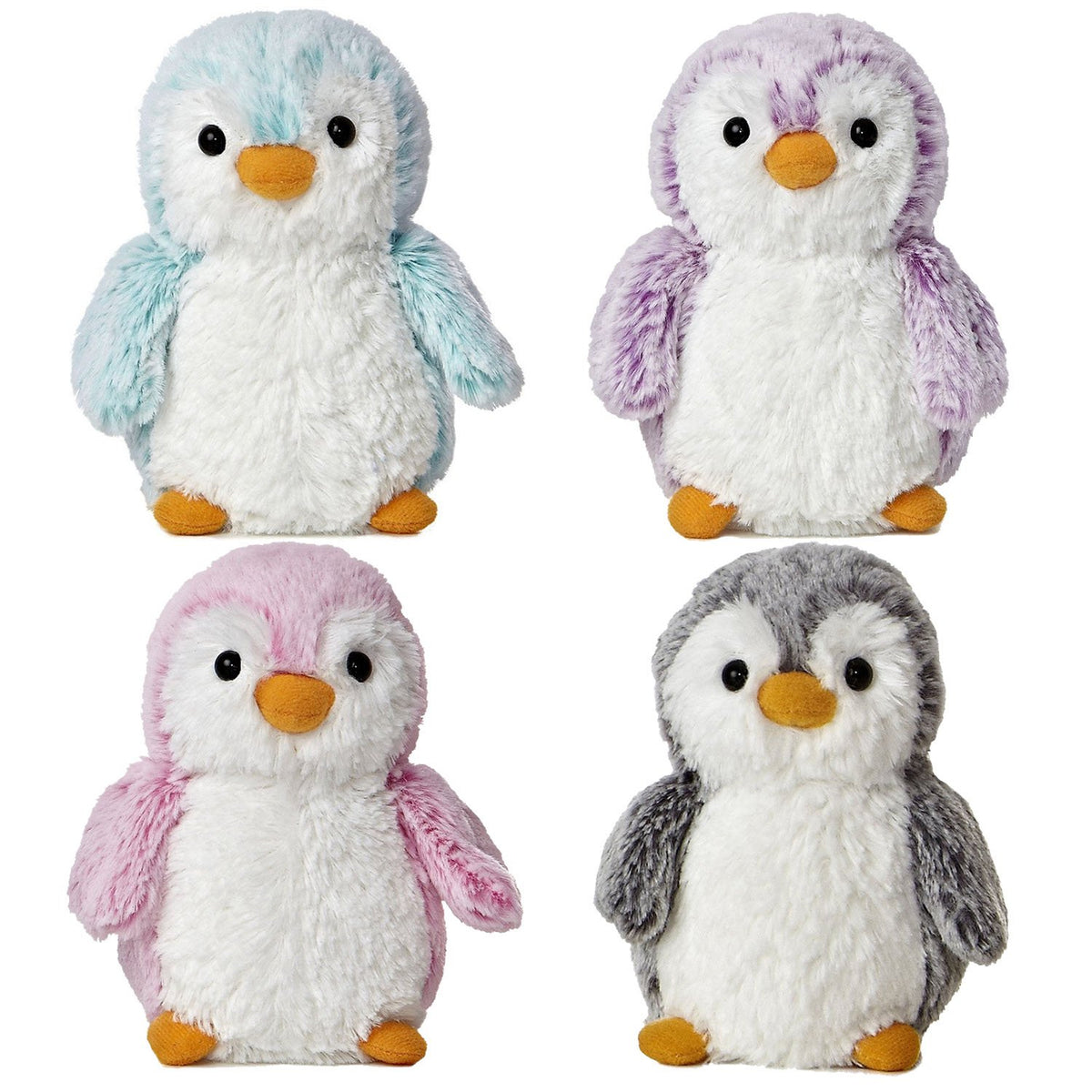Bundle Of 4 Aurora World Pom Pom Penguin Bright Pink, Blue, Purple And Gray Plush, 6''
