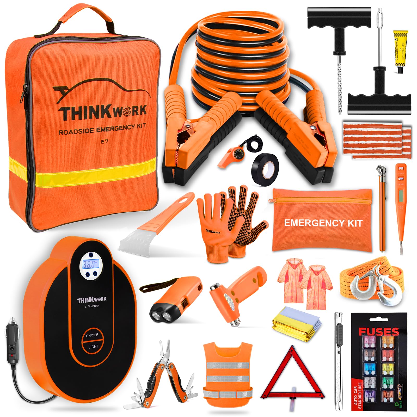 Thinkwork Car Emergency Kit For Teen Boy And Men'S Gifts, Orange Emergency Roadside Assistance Kit With Digital Air Compressor,