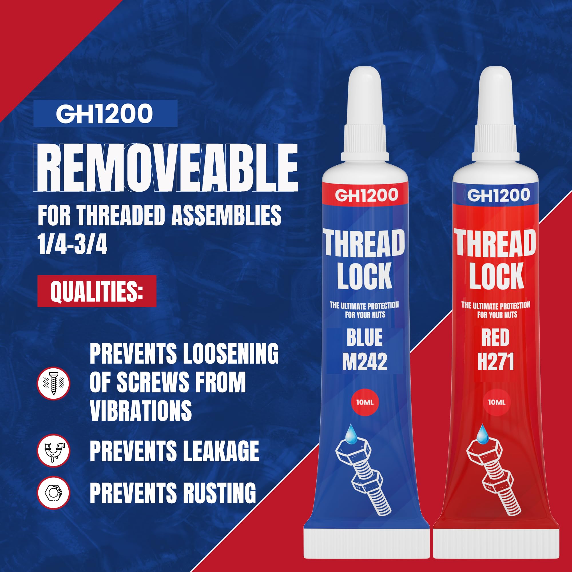 Gh1200-10Ml X 4 Pack Thread Lock Medium & Strong Strength For Nuts, Bolts, And Metals, Threadlocker Lock Tight & Seal Fasteners