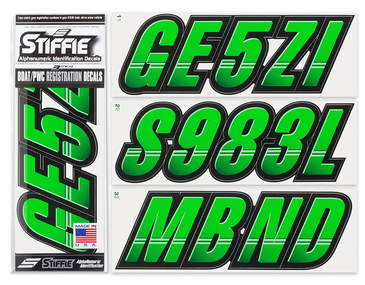 Stiffie Techtron Electric Green/Black 3 '' Boat & Pwc Registration Decals  Numbers Letters Stickers