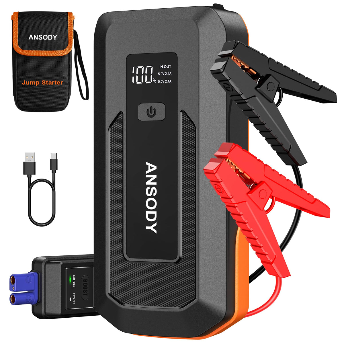 Ansody 3000A Peak Car Jump Starter(Up To 10L Gas Or 8L Diesel Engine), Battery Booster With Jump Leads, Built-In Led Floodlight