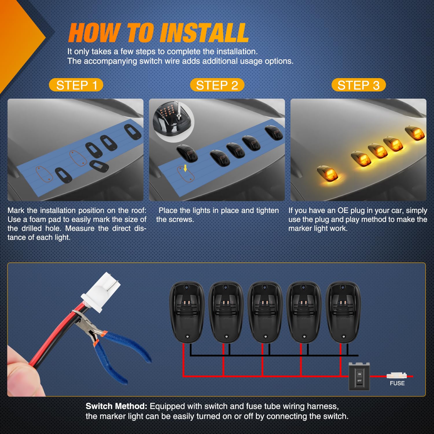 Nilight Cab Roof Marker Light 5 Pcs 16 Led Smoked Lens Amber Top Clearance Lights Kit Waterproof Surface Mount For Ford Dodge Ra