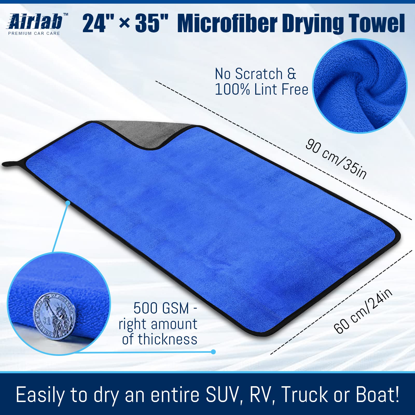 Airlab Xl Microfiber Towels For Cars Drying Plush Extra Large Ultra Soft Absorbent Auto Detailing Cleaning Cloth, Lint-Free, Streak-Free, 24'' X 35'' - Pack Of 1