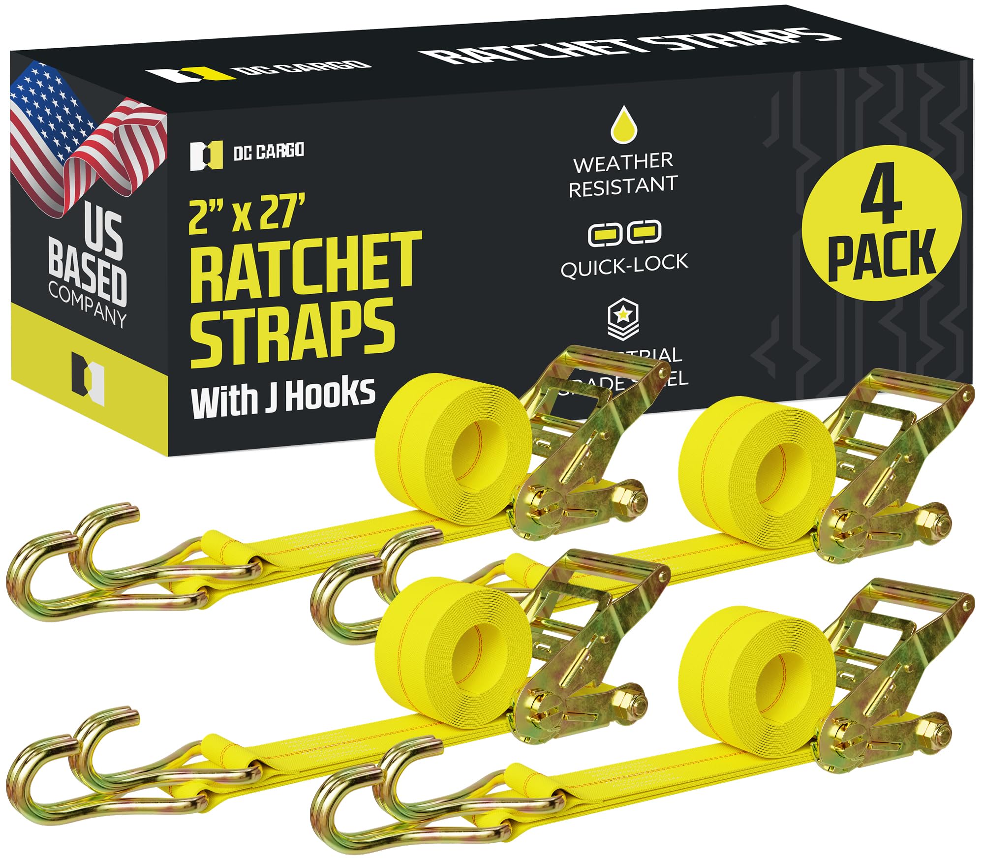 DC Cargo Tie-Down Ratchet Straps J-Hooks, (Pack of 4) Heavy Duty 2'' x 27' Tie-Down Ratcheting Cargo Truck Straps Wire Hook Ends