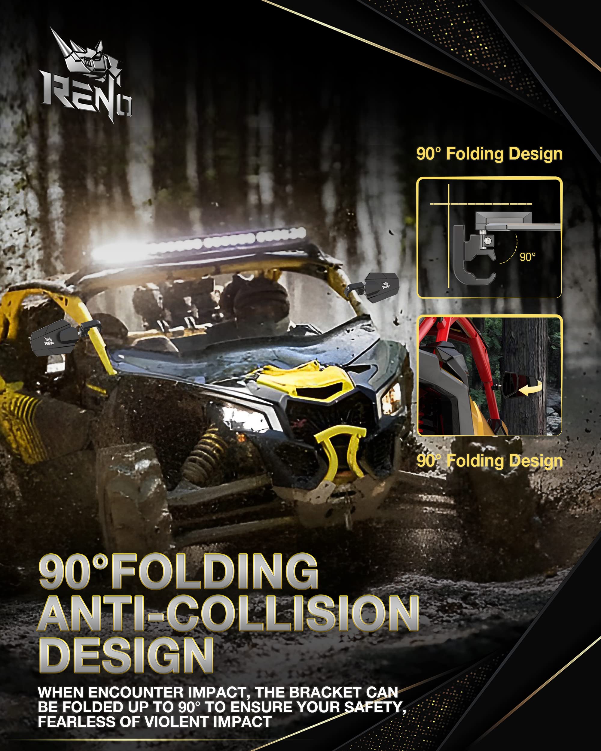 Reno Utv Side Mirrors, Fits 1.25'-2' Roll Bar Cage Cnc Aluminum Rear View Mirror Heavy-Duty Adjustable Bracket Compatible With Off-Road Utv Rzr Ranger Xp Sxs Mtv Atv Maverick (2 Pack)