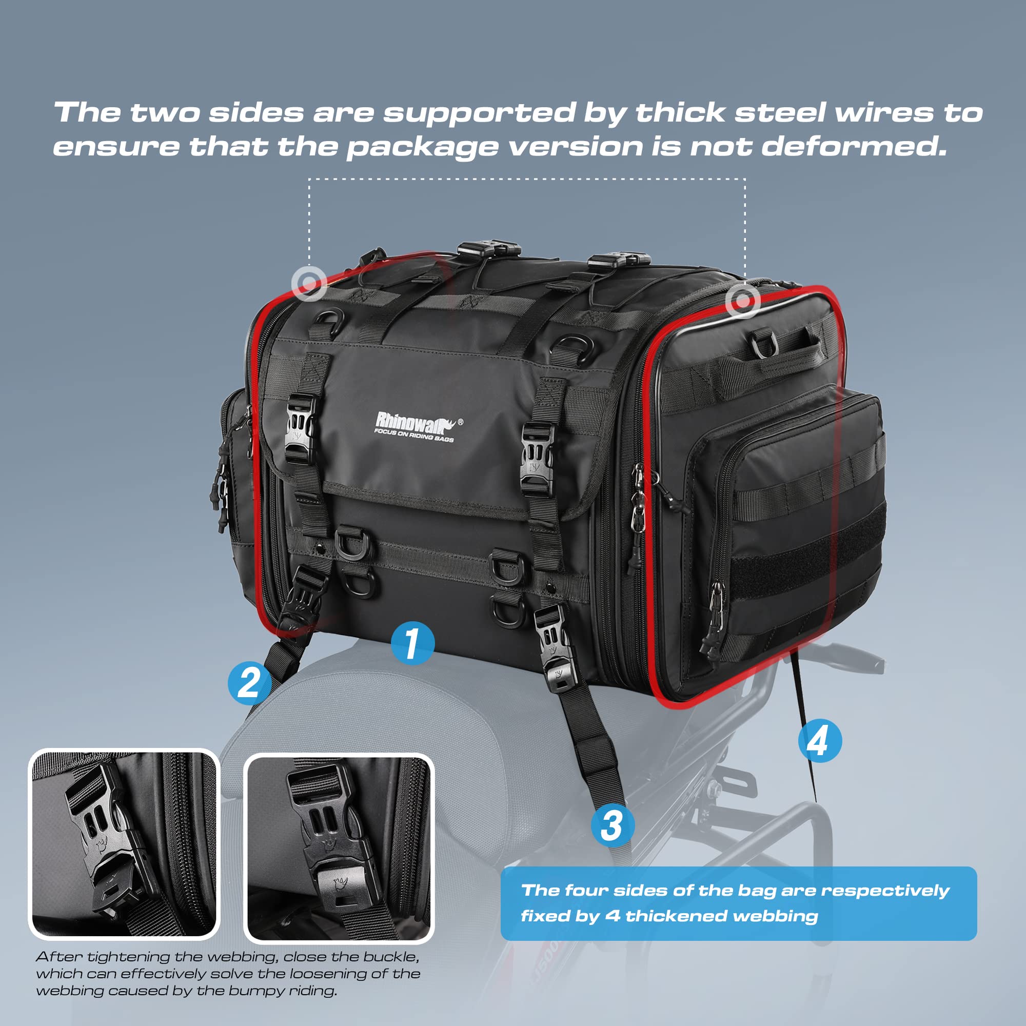 HUNTVP 40-60L Motorcycle Seat Bag Motorcycle Tail Bag Shoulder Bag Travel Luggage Bags Motorbike Rear Tack Truck Bag Storage Bag