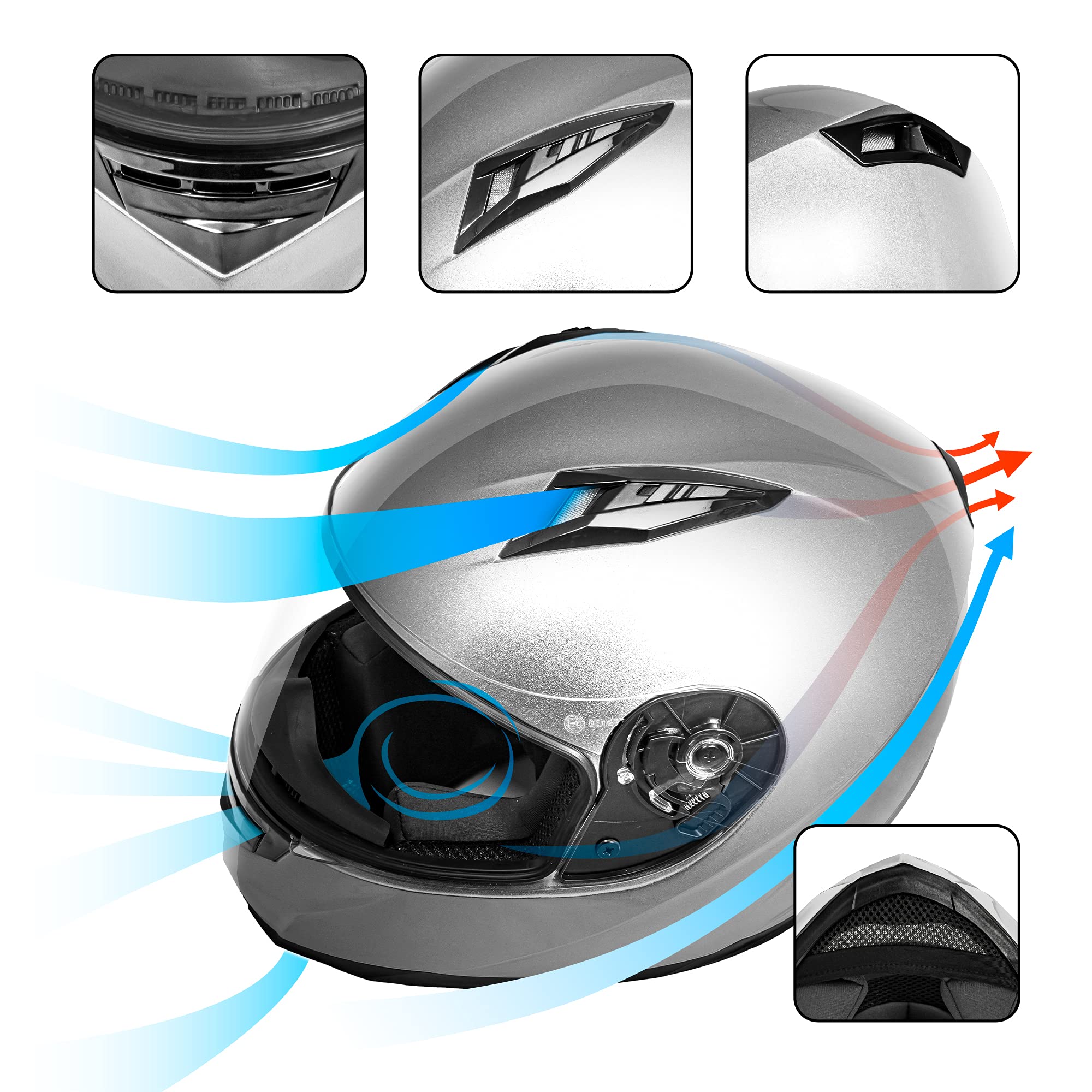 Vcan Vx Lightweight Full Face Motorcycle Street Bike Helmet With Extra Tinted Visor Dot Approved (Silver, Large)