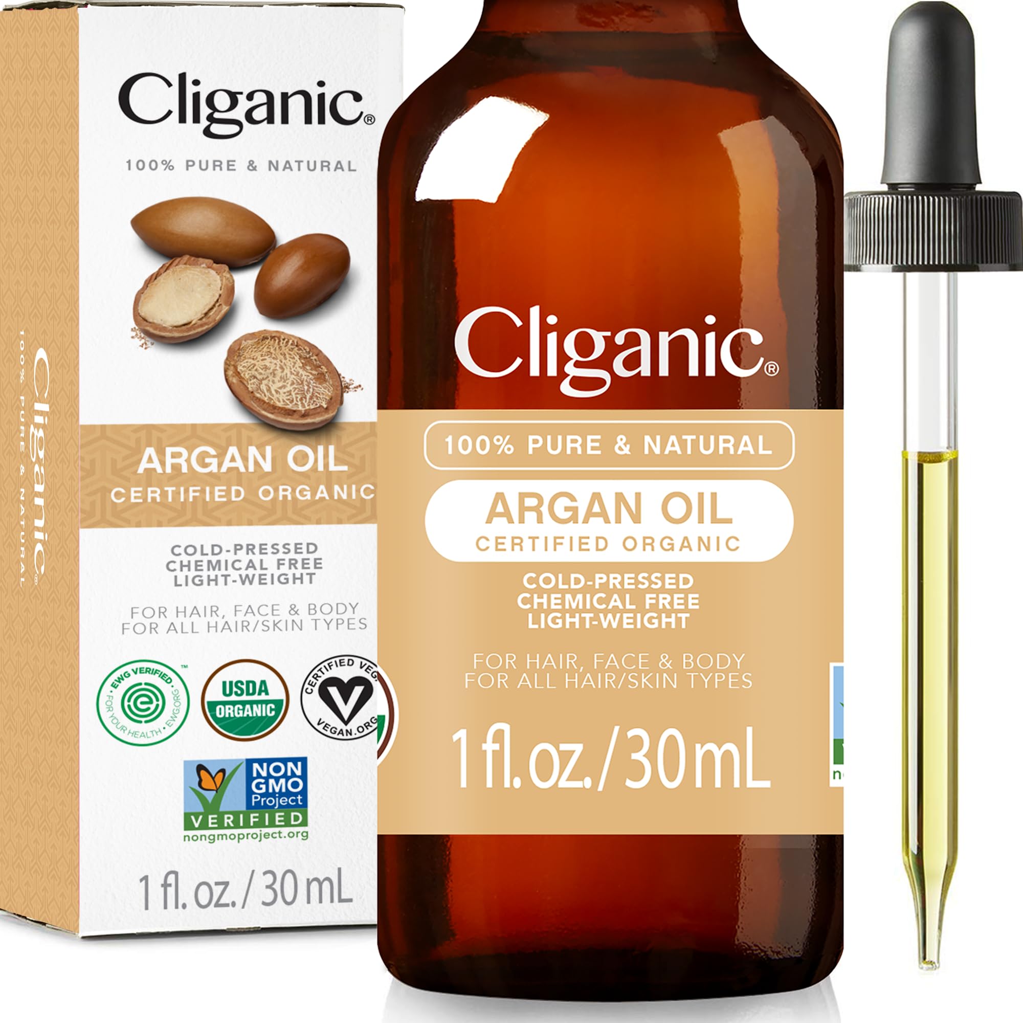 Cliganic Organic Argan Oil for Hair  Face & Skin (1oz) - 100% Pure  Cold Pressed-New