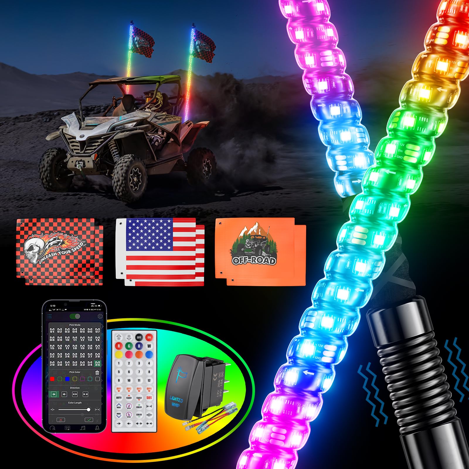 Ehaho 4FT LED Whip Lights for UTV ATV - RGB, Aluminum, 2PCS with Remote Control & Rocker Switch, Tripled Brighter, Includes 6 Flags
