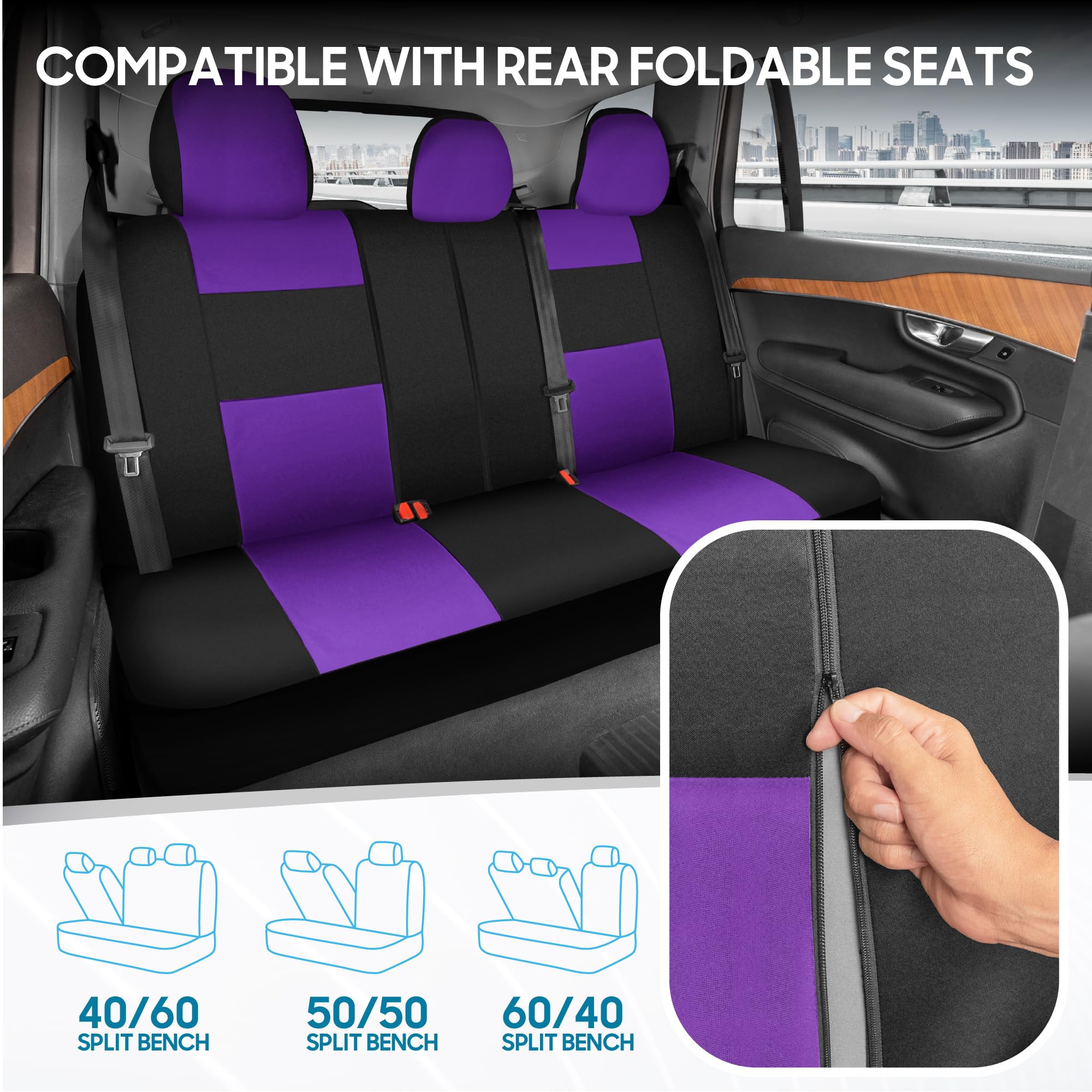 BDK PolyPro Car Seat Covers Full Set in Purple on Black, Front and Rear Split Bench Seat Covers for Cars, Easy to Install Car Se
