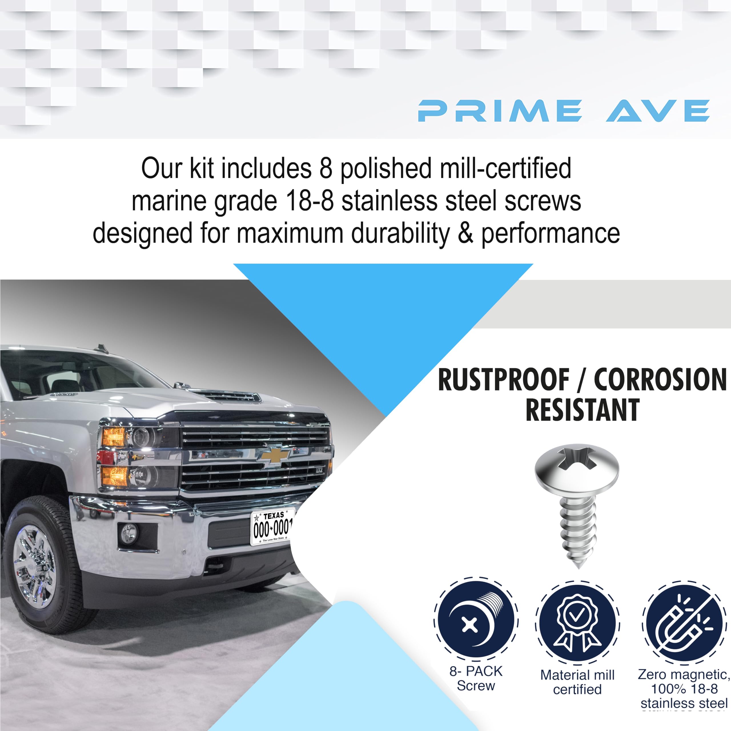 Prime Ave Stainless Steel License Plate Screws For License Plates, Frames, Covers - Rust Proof Licence Plate Screw Set For Front