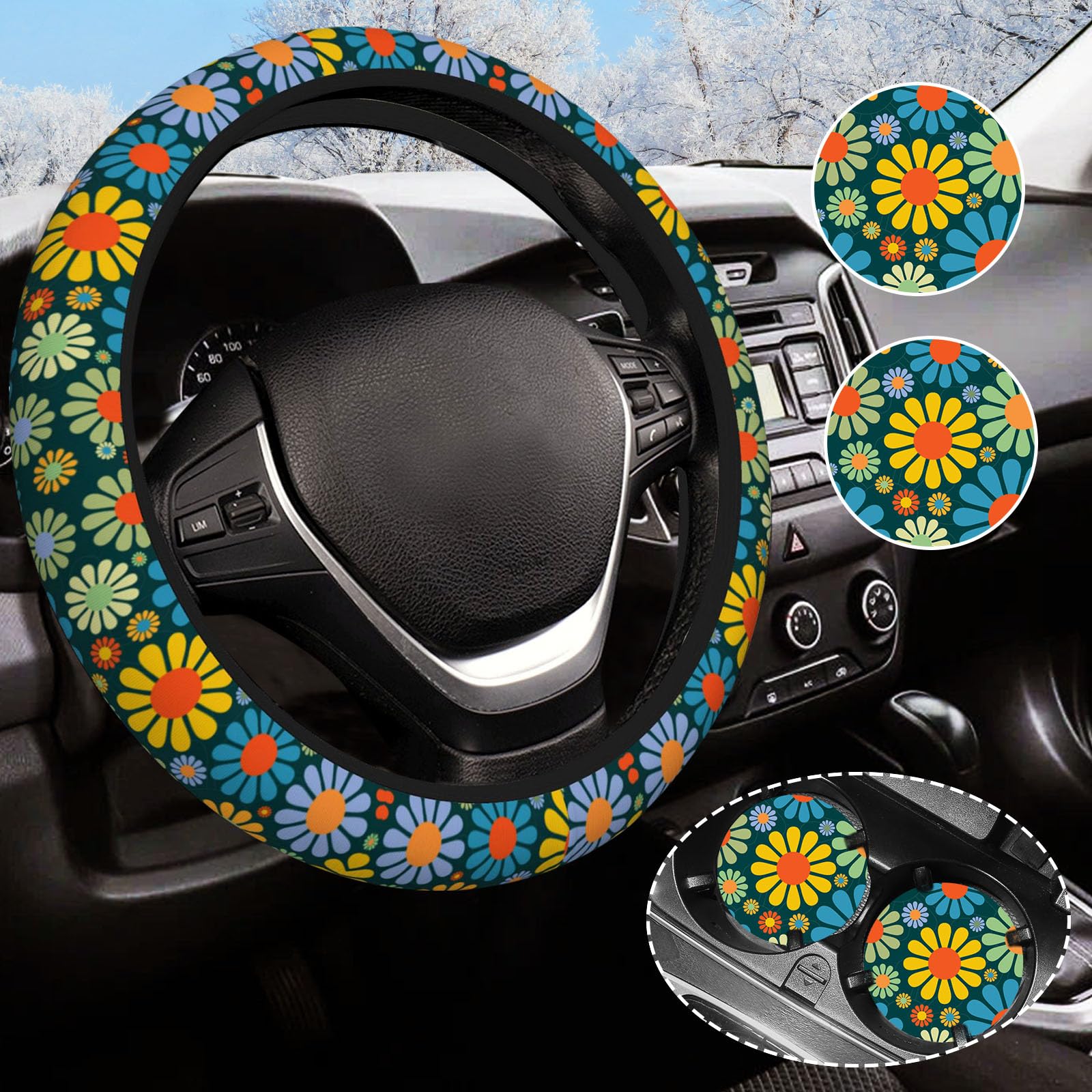 Hippie Daisy Flower Steering Wheel Cover for Women Men with 2 Pcs Car Coasters, Universal 14.5-15 Inch Rainbow Steering Wheel Co