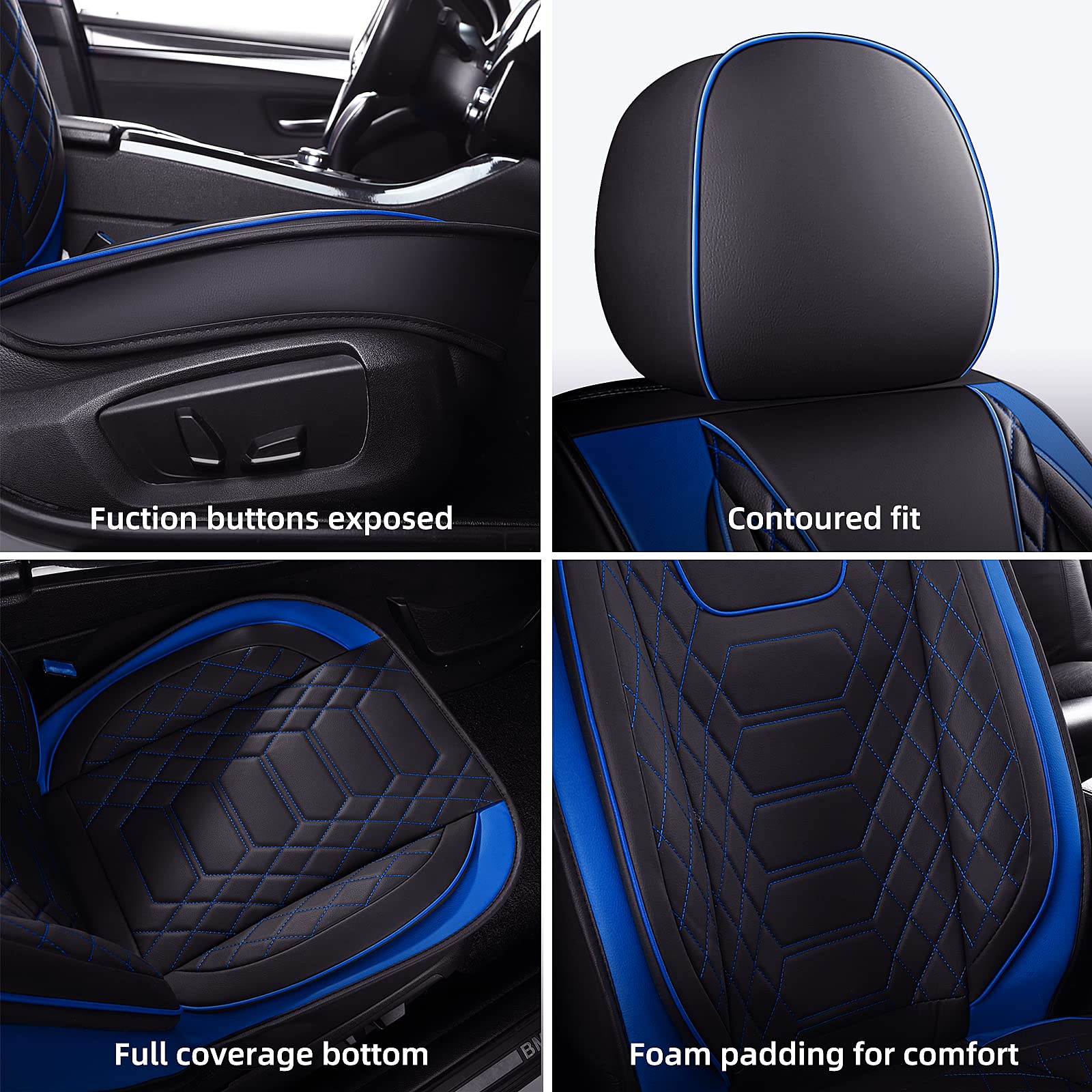 FREESOO Car Seat Covers Leather Seat Cover Full Set Automotive Seat Cover Protector Accessories Airbag Compatible Universal Fit for 5 Seats (Black Blue 8)