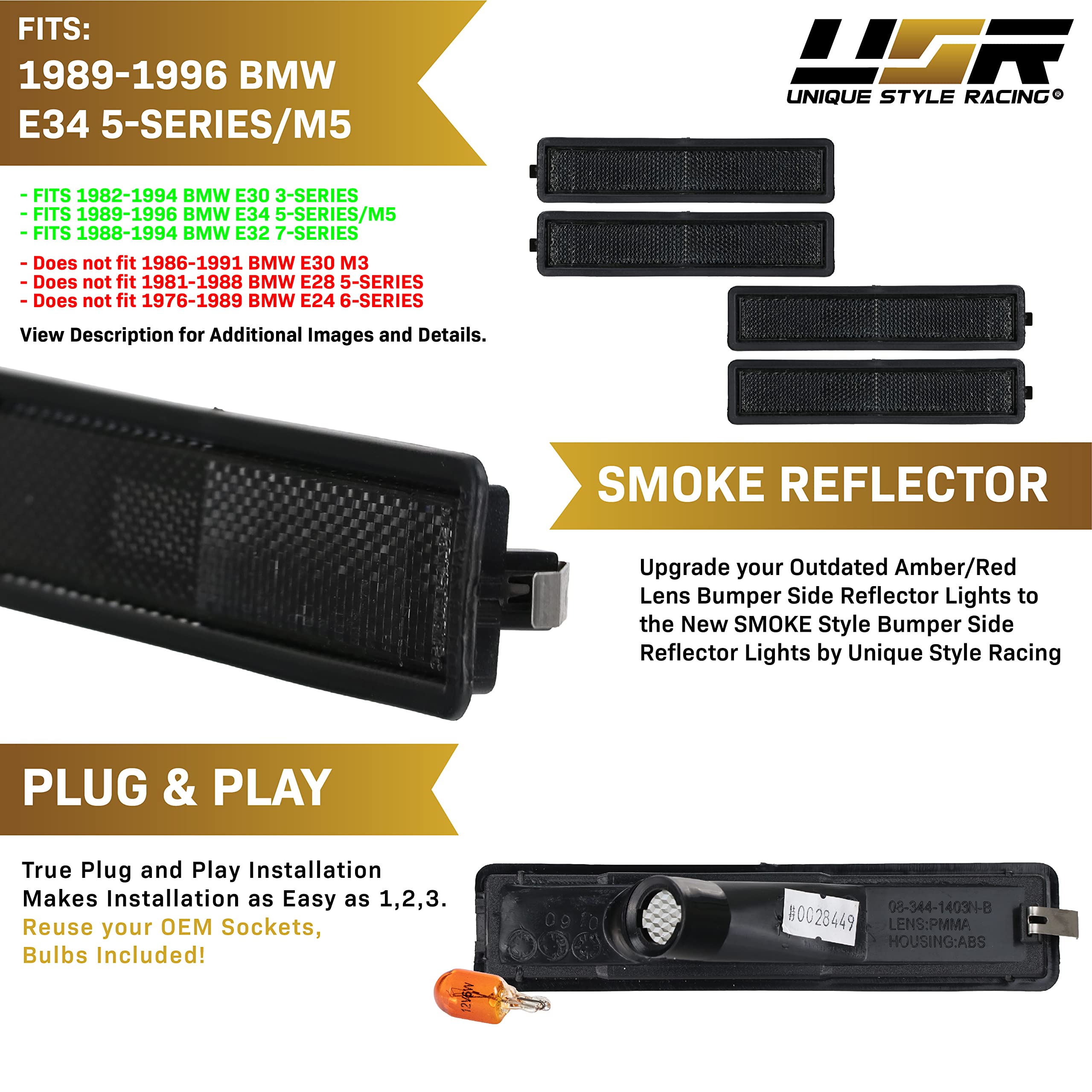 Depo E30 Side Marker Lights - Euro Smoke Front And Rear Bumper Sidemarkers Lamps Compatible With 1984-1991 Bmw E30 3 Series / 88