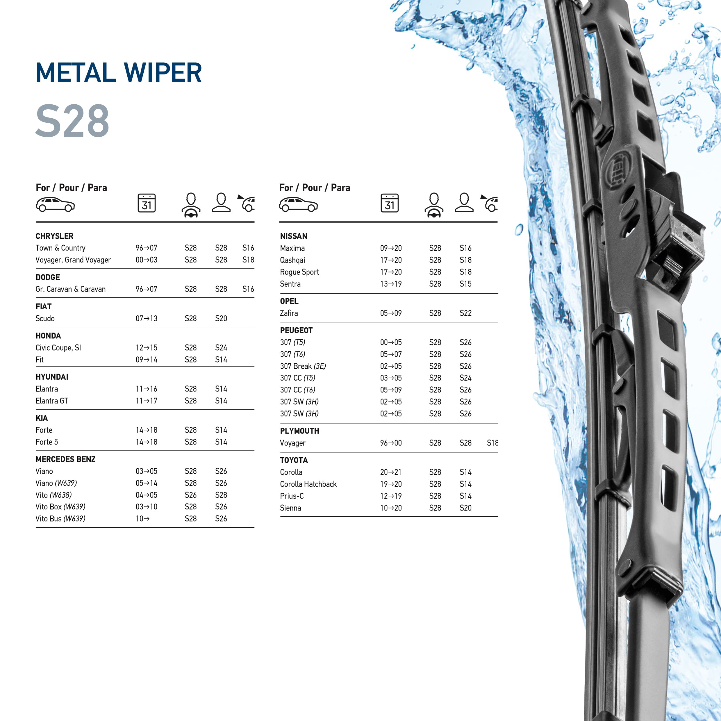 Hella Oe Quality 28 Inch All Seasons Streak-Free Rubber Standard Blade (Single Blade) Fits Select Chrysler Dodge Fiat Honda Hyun