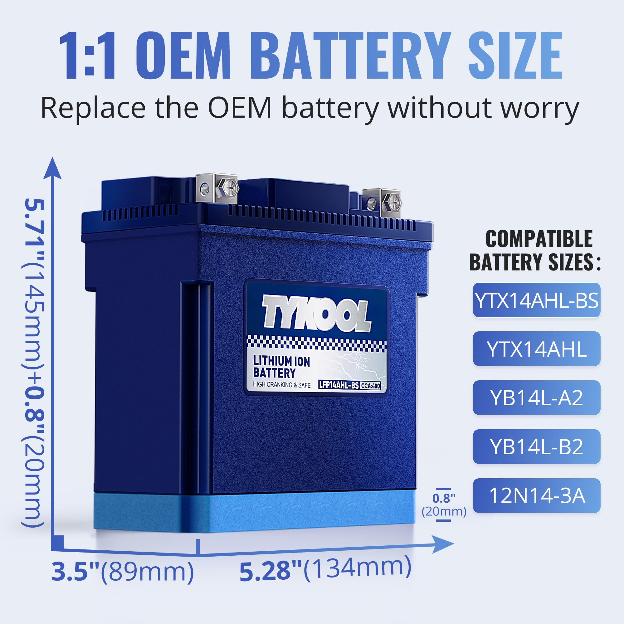 Tykool Ytx14Ahl-Bs Lifepo4 Lithium Motorcycle Battery,12.8V 8Ah,480Cca,Digital Readout,Powersports Battery, Fits For Motorcycle,