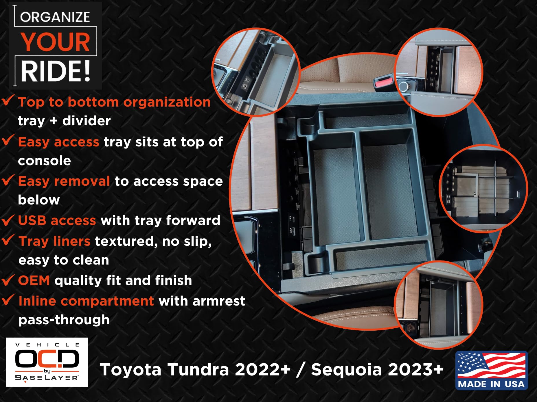 Vehicle Ocd - Center Console Divider And Tray Organizer For Toyota Tundra (2022-2025) / Sequoia (2023-2025) - Made In Usa - Not