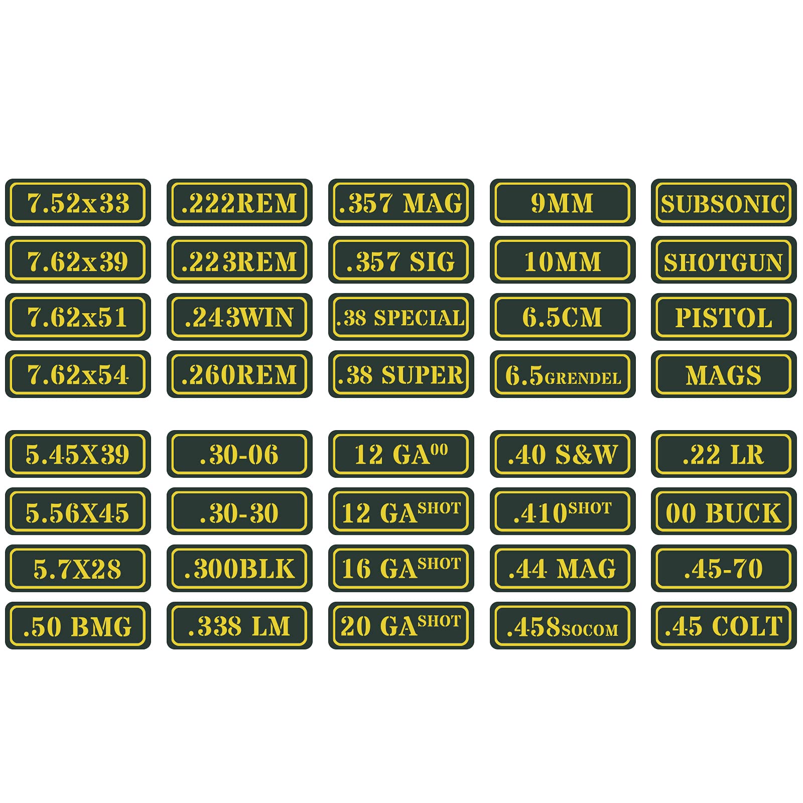 Ammo Can Vinyl Sticker Set Decal Label .410 .44 .45-70 .22 .223 .308 9Mm .380 .45 5.56 7.62 (40 Pack/40 Varieties) Choose Your V