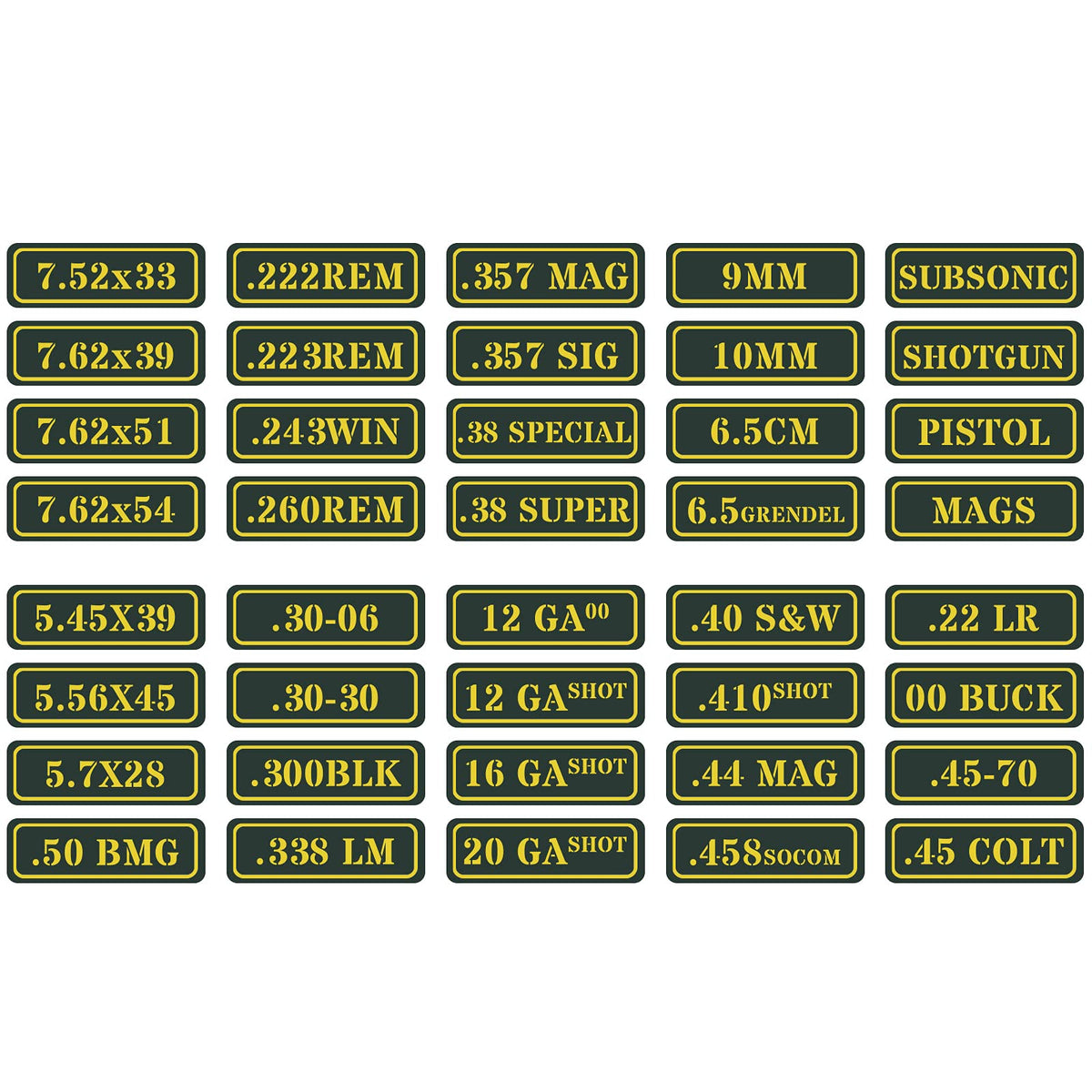 Ammo Can Vinyl Sticker Set Decal Label .410 .44 .45-70 .22 .223 .308 9Mm .380 .45 5.56 7.62 (40 Pack/40 Varieties) Choose Your V