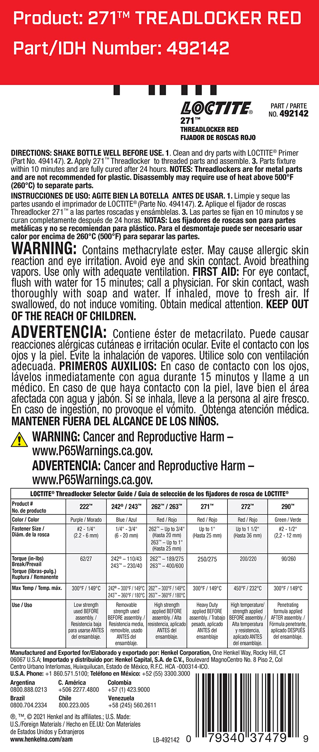 Loctite 271 Automotive Threadlocker Red - High Strength Thread Lock, Fluorescent, Heavy-Duty, Works On All Metals - 36 Ml, 1 Pac