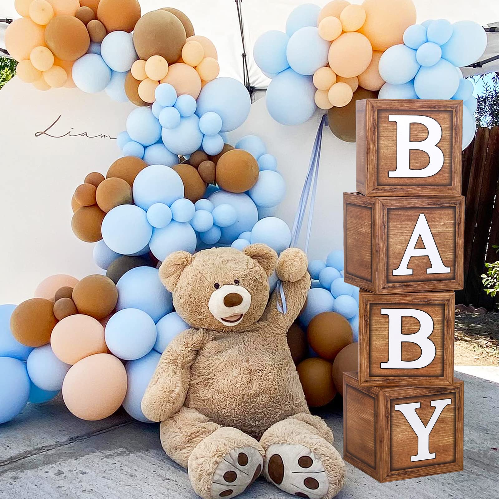 Baby Shower Boxes For Birthday Decorations - 4 Wood Grain Brown Baby Balloon Boxes, Baby Boxes For First Birthday Centerpiece De