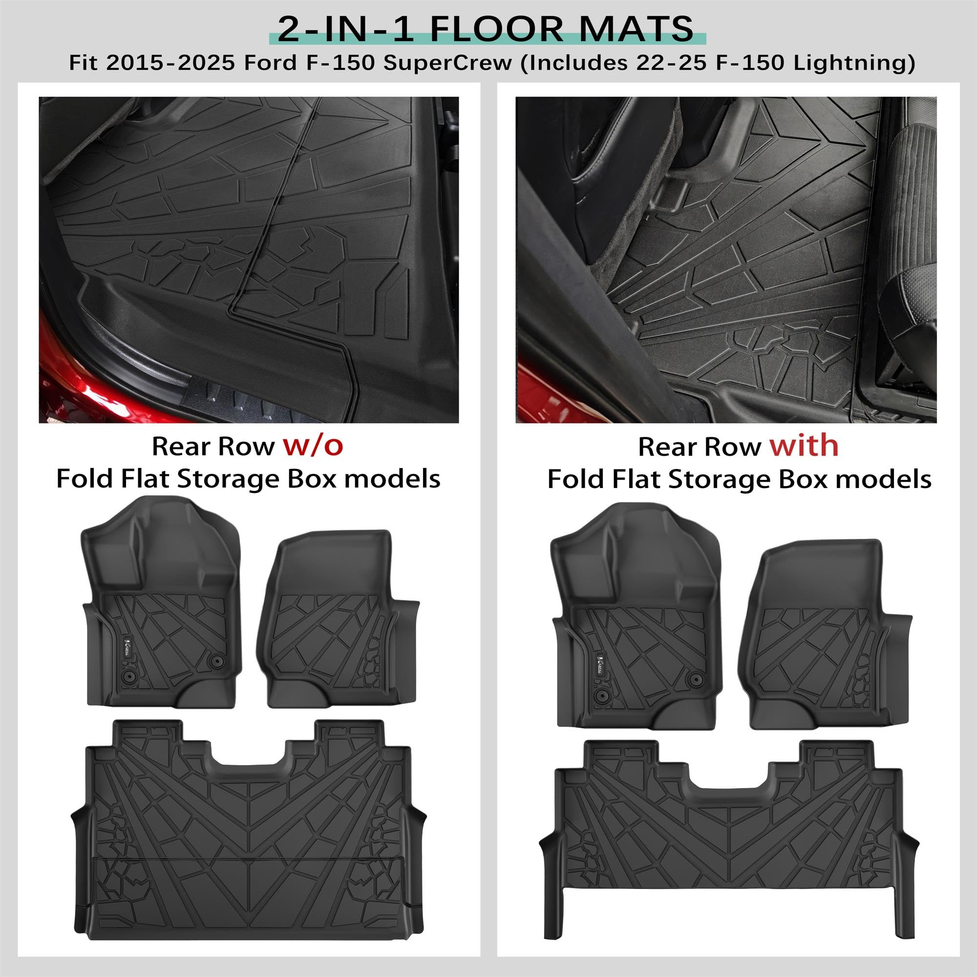 Karpal Floor Mats Fit For 2015-2025 Ford F-150/2022-2025 F-150 Lightning Supercrew (Rear With Fold Flat Storage), All Weather Cu