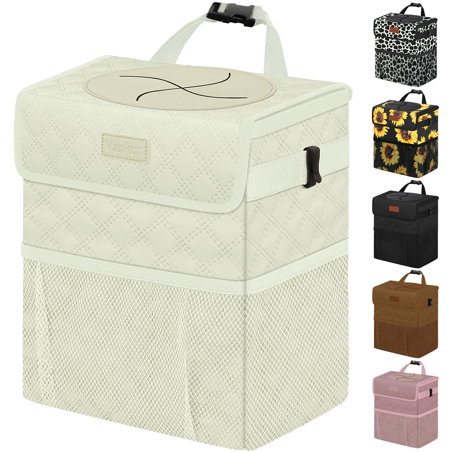 Vankor White Car Trash Can Cute, White Car Accessories For Women Waterproof Automotive Garbage Cans Leak Proof Vehicle Trash Can