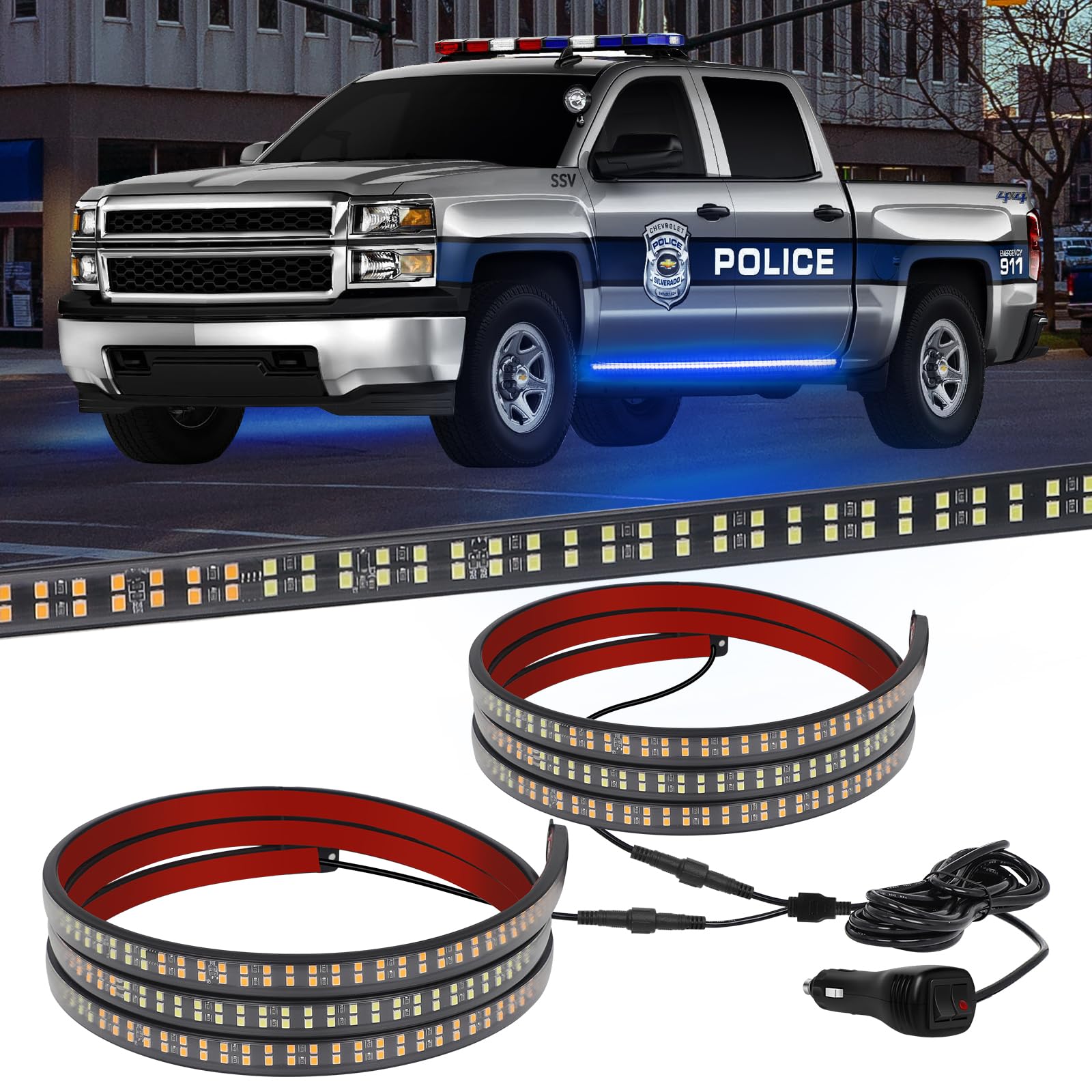 Xridonsen 2Pcs 70 Inch Truck Blue Emergency Lights Strip 864 Led Running Board Strobe Lights Flashing Warning Hazard Safety W/Wa