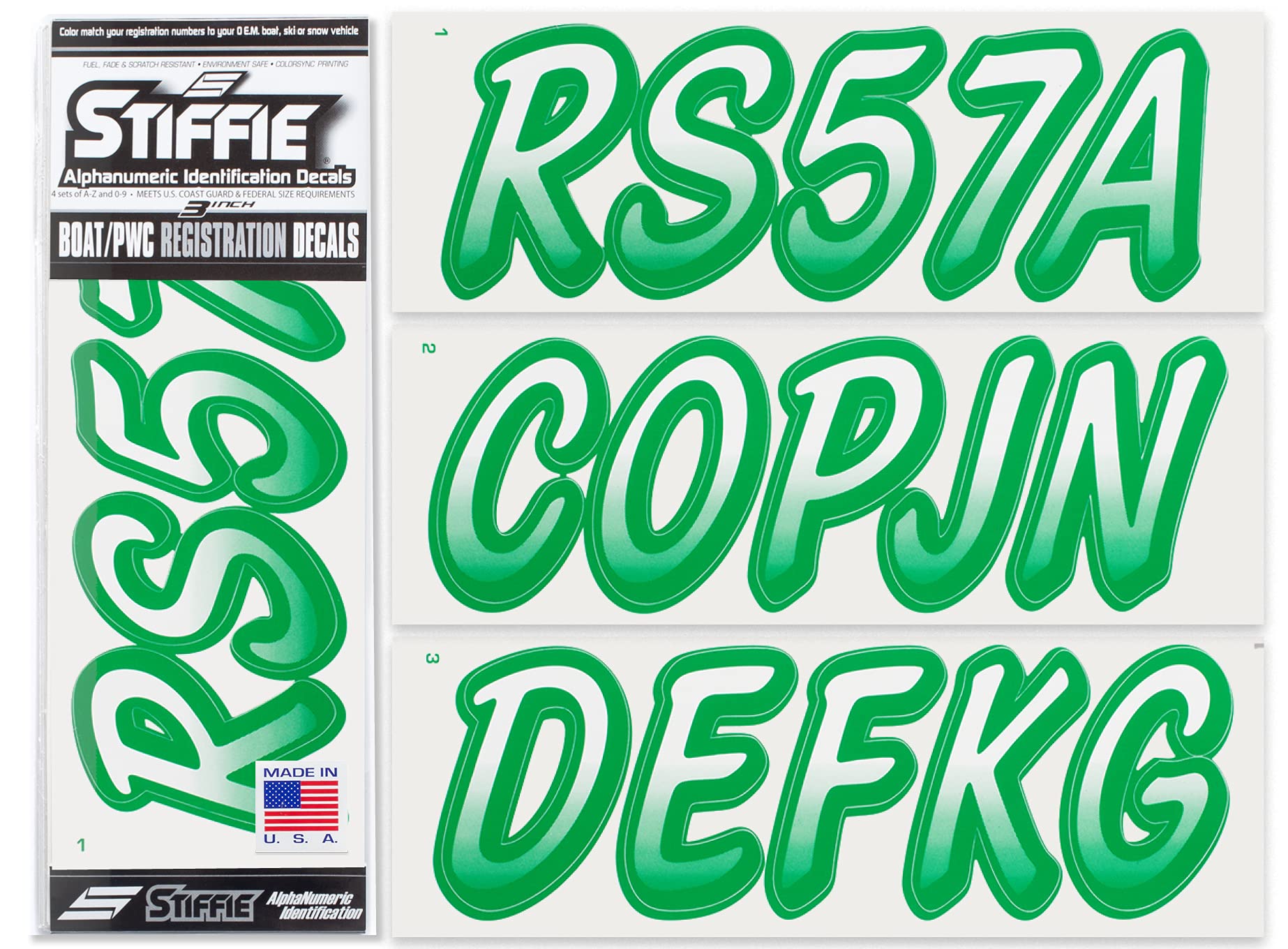 STIFFIE Whipline White/Green 3'' Boat & PWC Registration Decals  Numbers Letters Stickers
