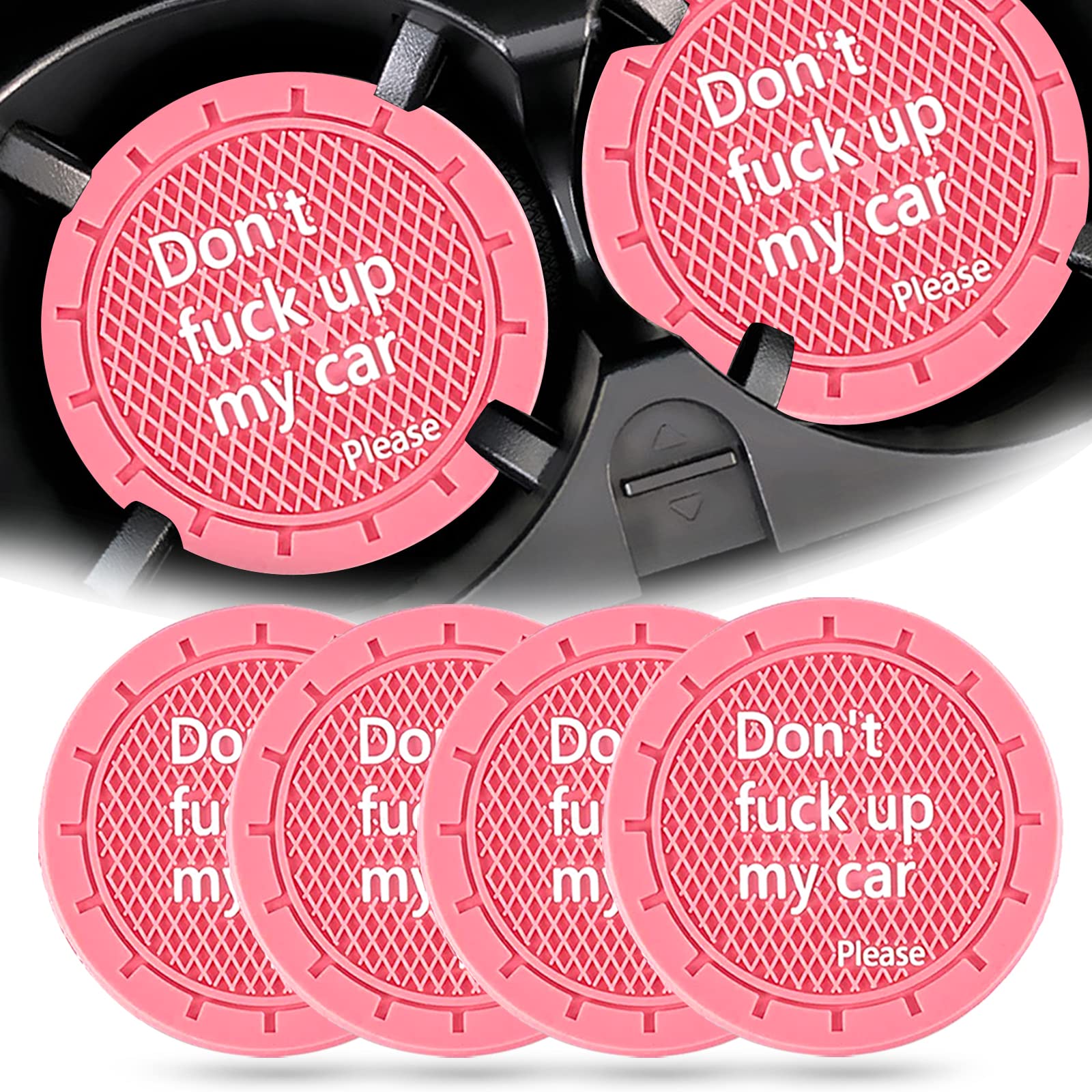 Car Cup Holder Coaster, Car Non-Slip Cup Holder Embedded Decorative Funny Coaster - Don'T Fuck Up My Car Please, Suitable For Most Car Interior Accessories For Women Men (Pink)