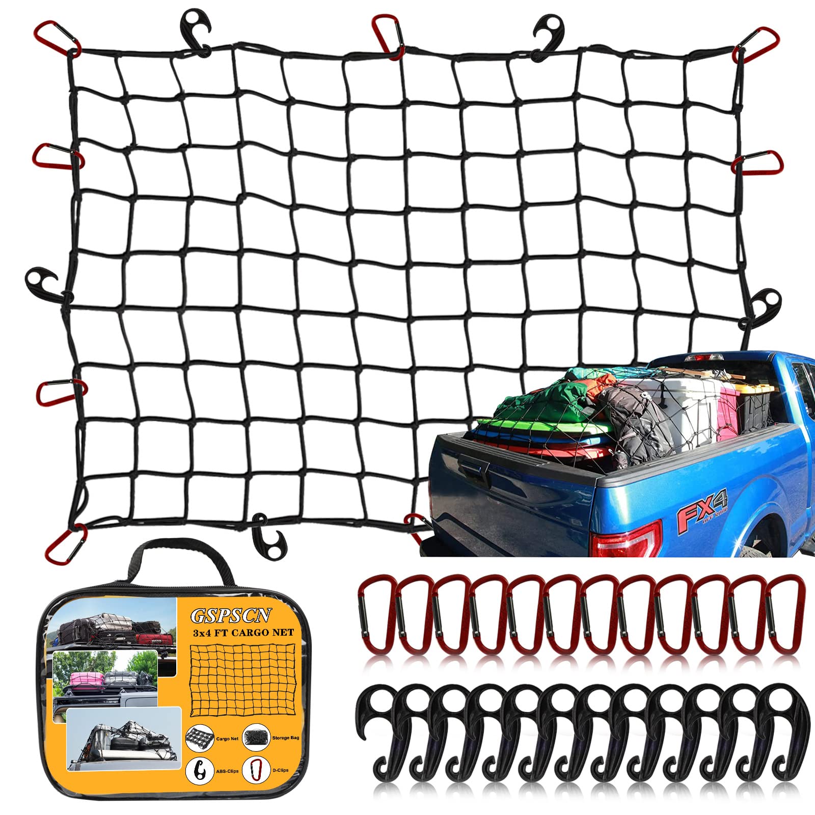 Gspscn Cargo Net 3' X 4' For Truck Pickup Bed, Trailer,Boat,Rv Suv Stretches To 9'X12' Max Roof Rack Net,Small 4   X4    Mesh He